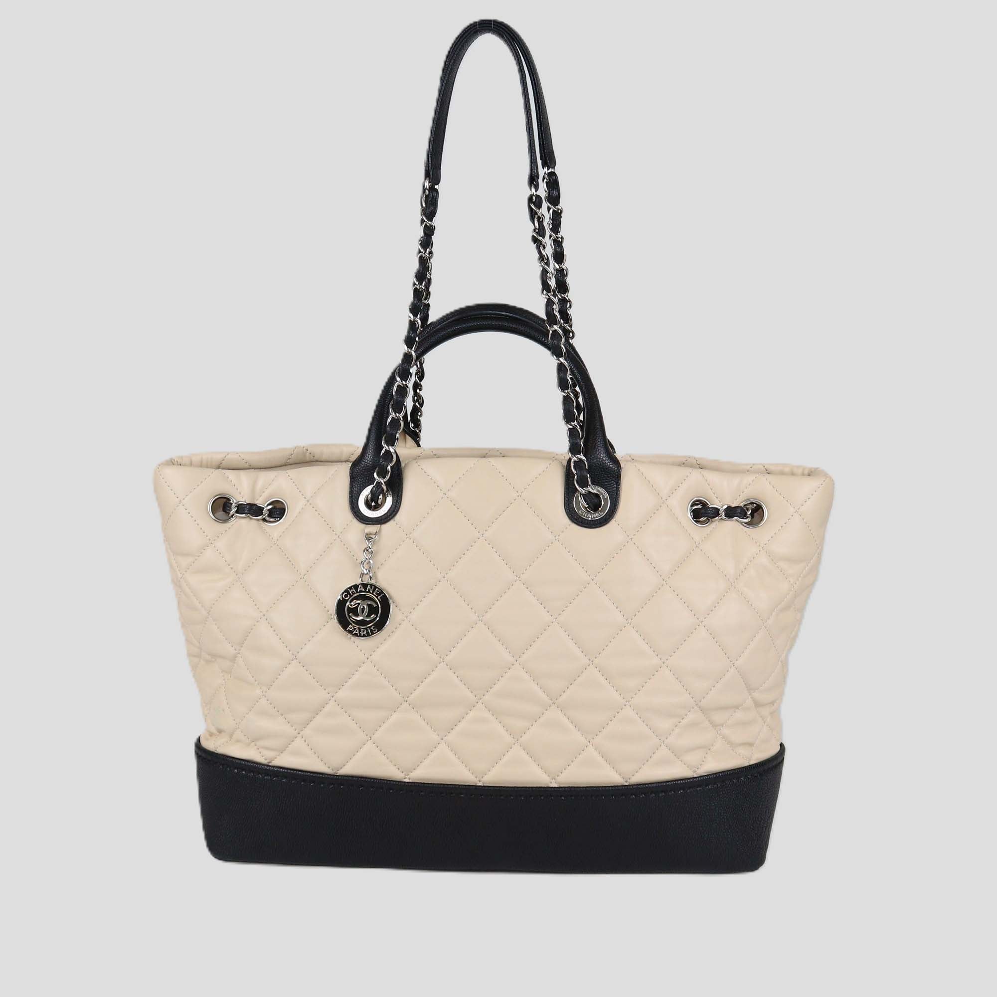 Chanel Cream/Black Quilted Leather Shopping Tote