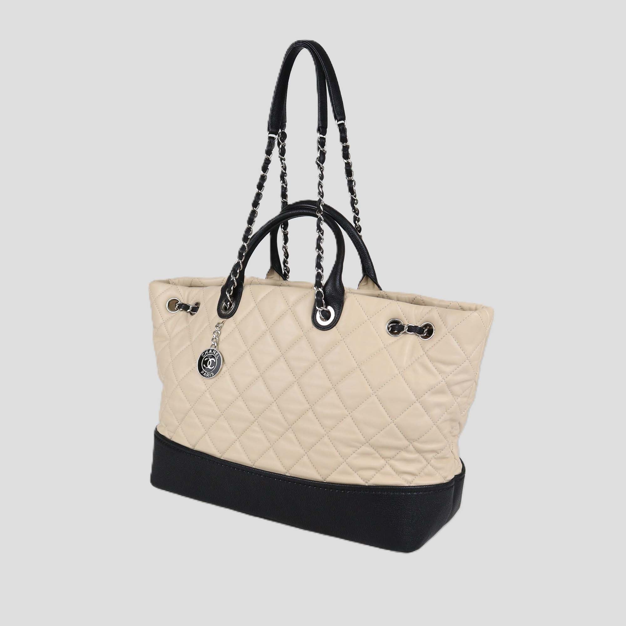 Chanel Cream/Black Quilted Leather Shopping Tote