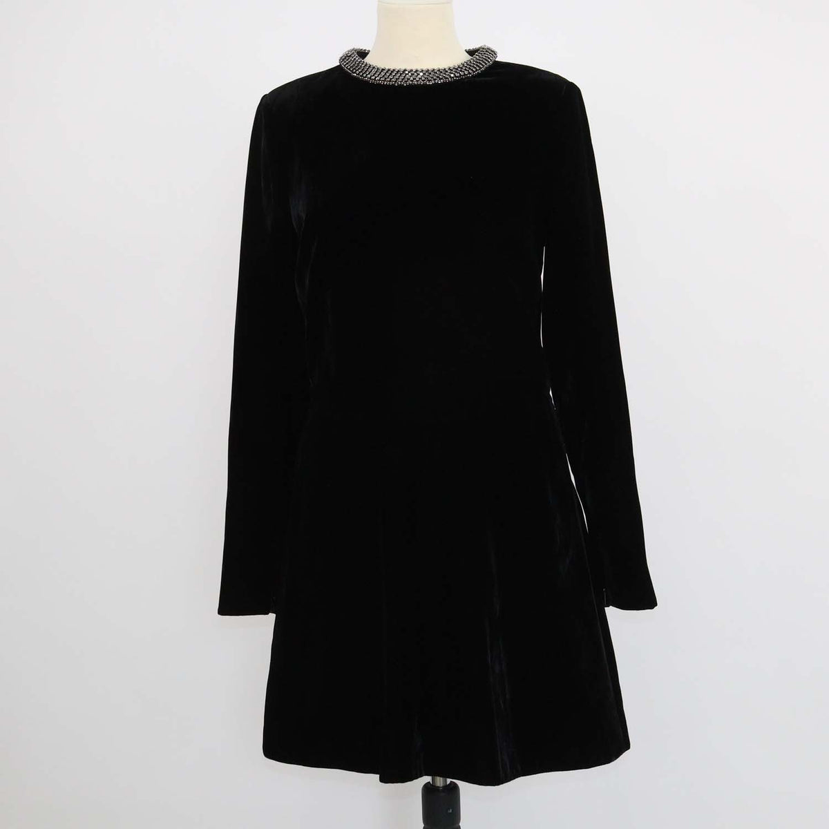 Saint Laurent Black Velvet Studded Embellished Longsleeve Mini Dress
