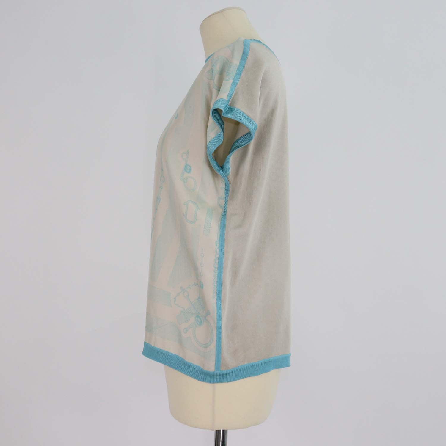 Hermes Blue, Beige Silk Parure De Gala Print Top