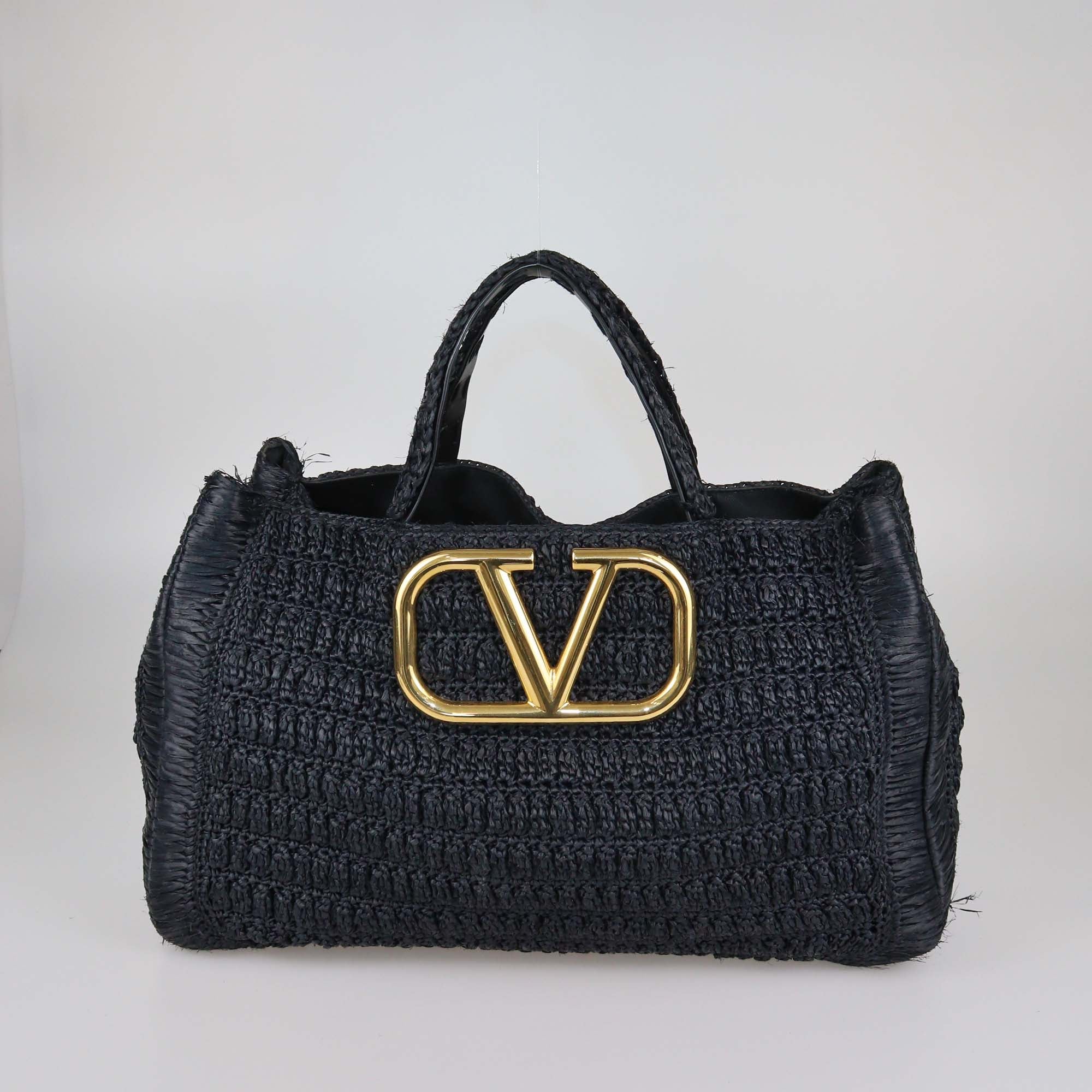 Valentino Black Woven Raffia VLogo Tote