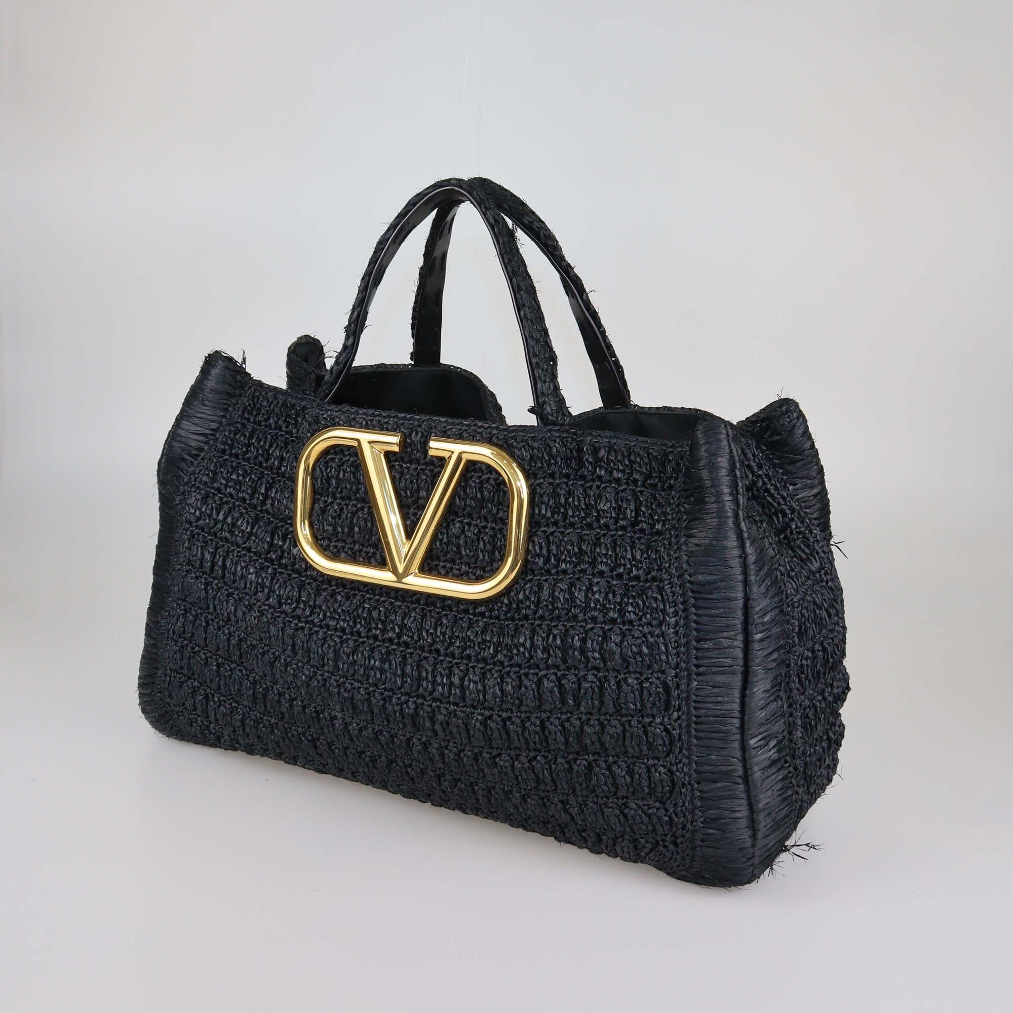 Valentino Black Woven Raffia VLogo Tote