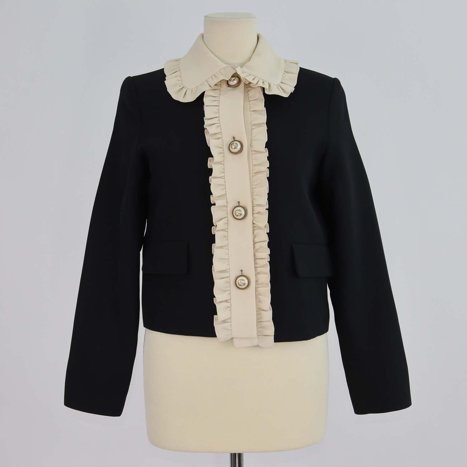 Gucci Black Wool Blend Ruffled Cropped Jacket