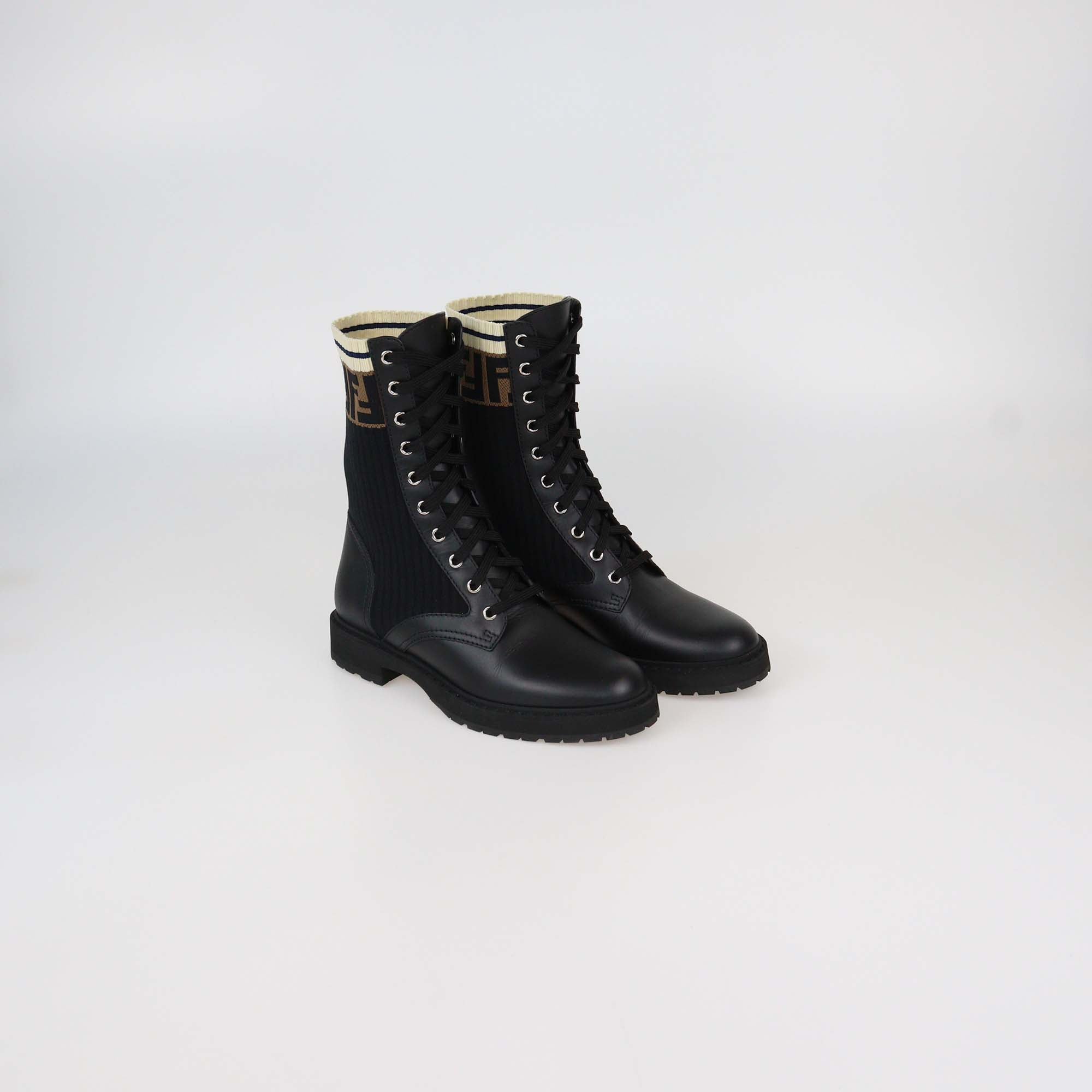 Fendi Black Leather and Zucca Stretch Fabric Rockoko Boots