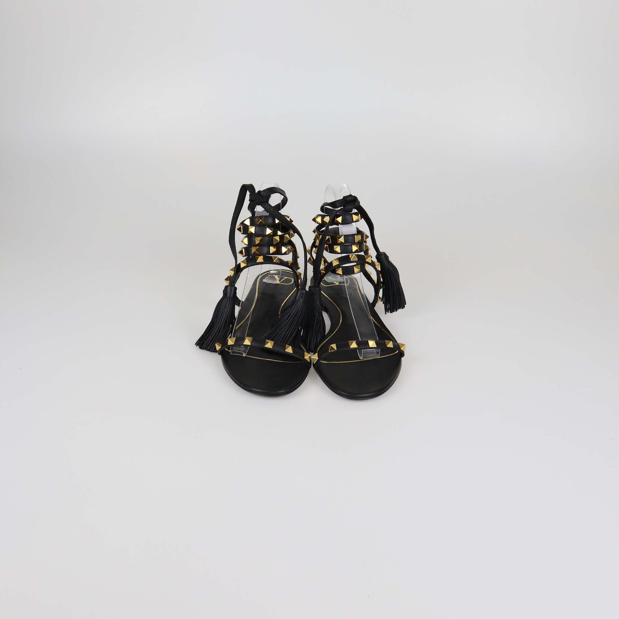 Valentino Black Leather Rockstud Gladiator Tassel Sandals