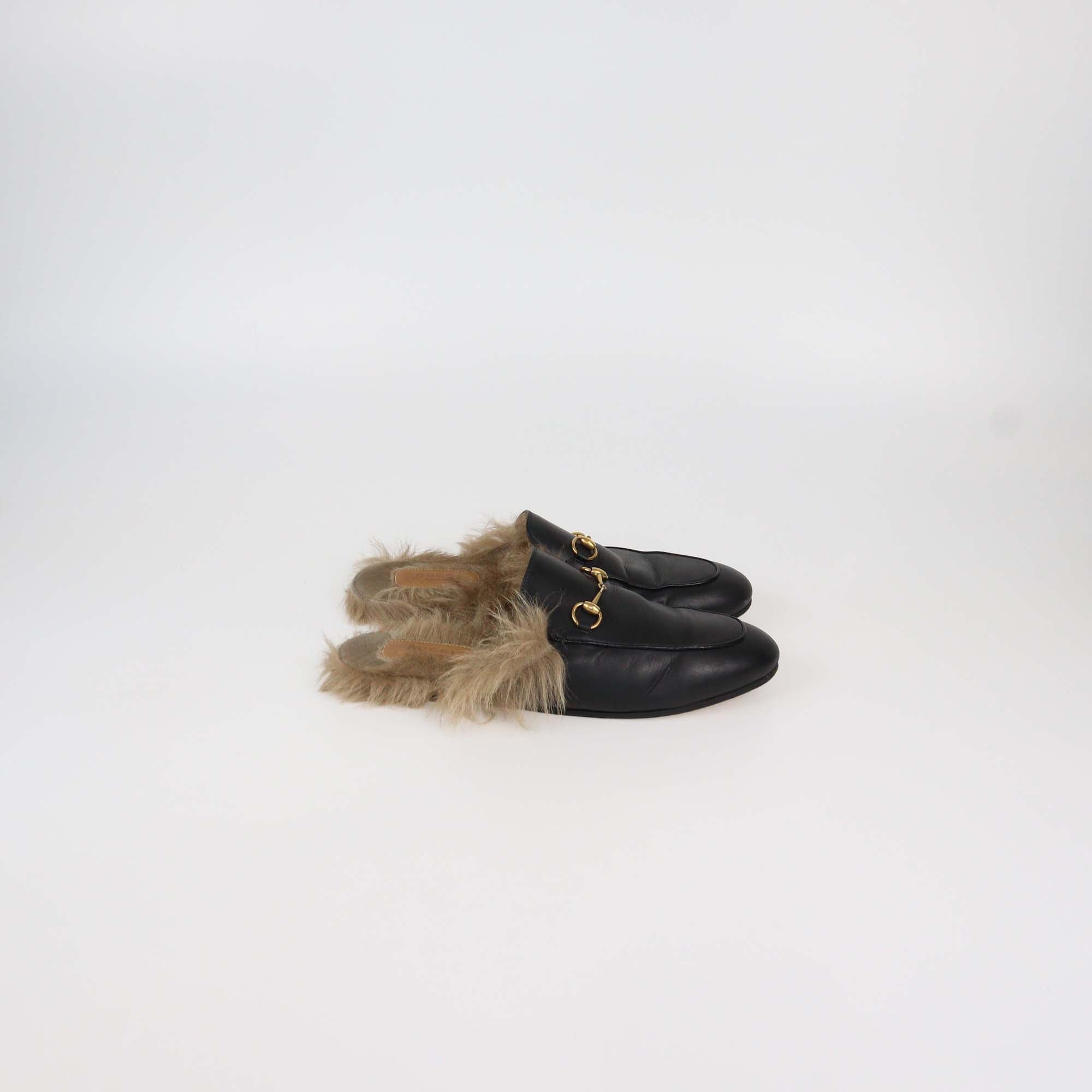 Gucci Black Leather And Fur Princetown Horsebit Mules