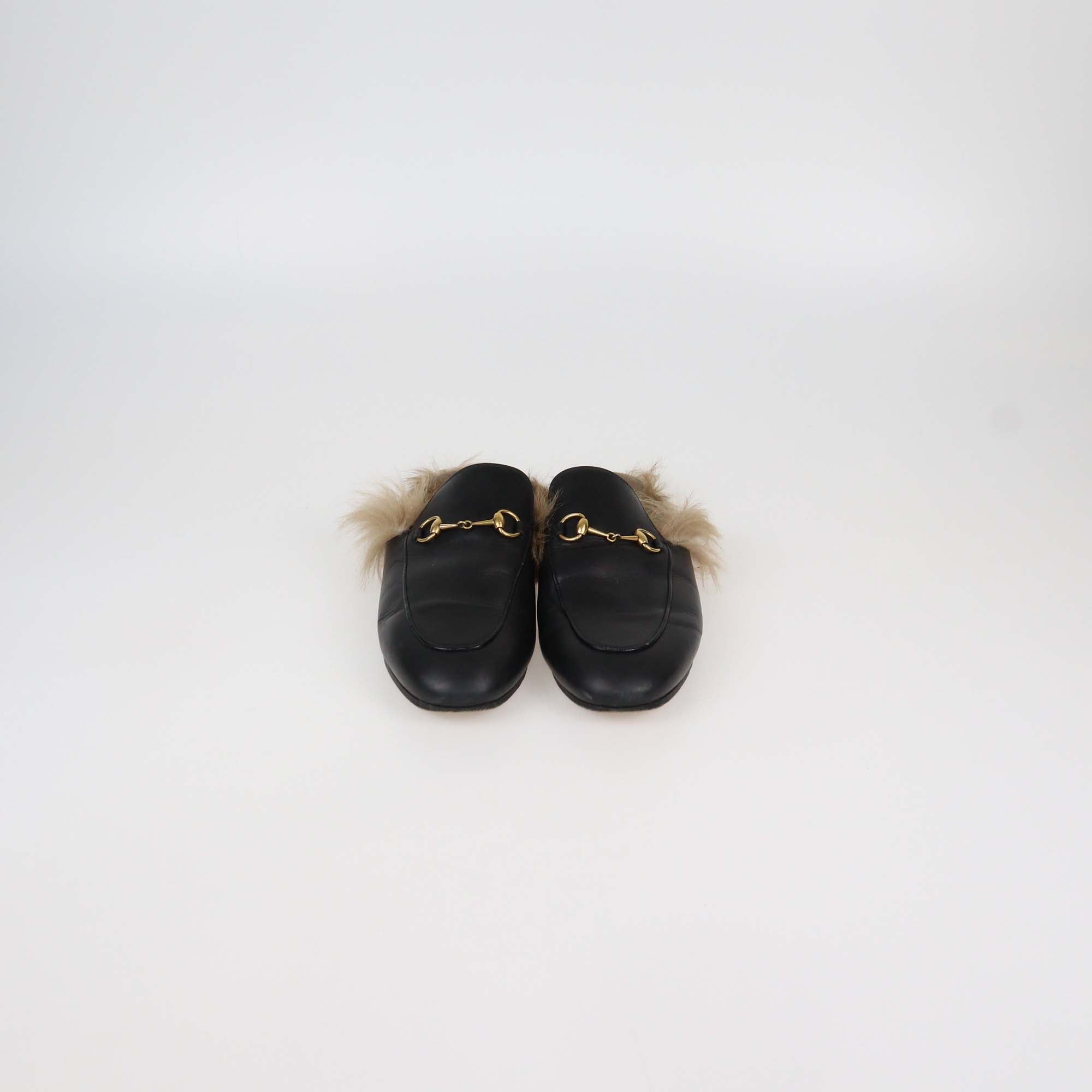 Gucci Black Leather And Fur Princetown Horsebit Mules