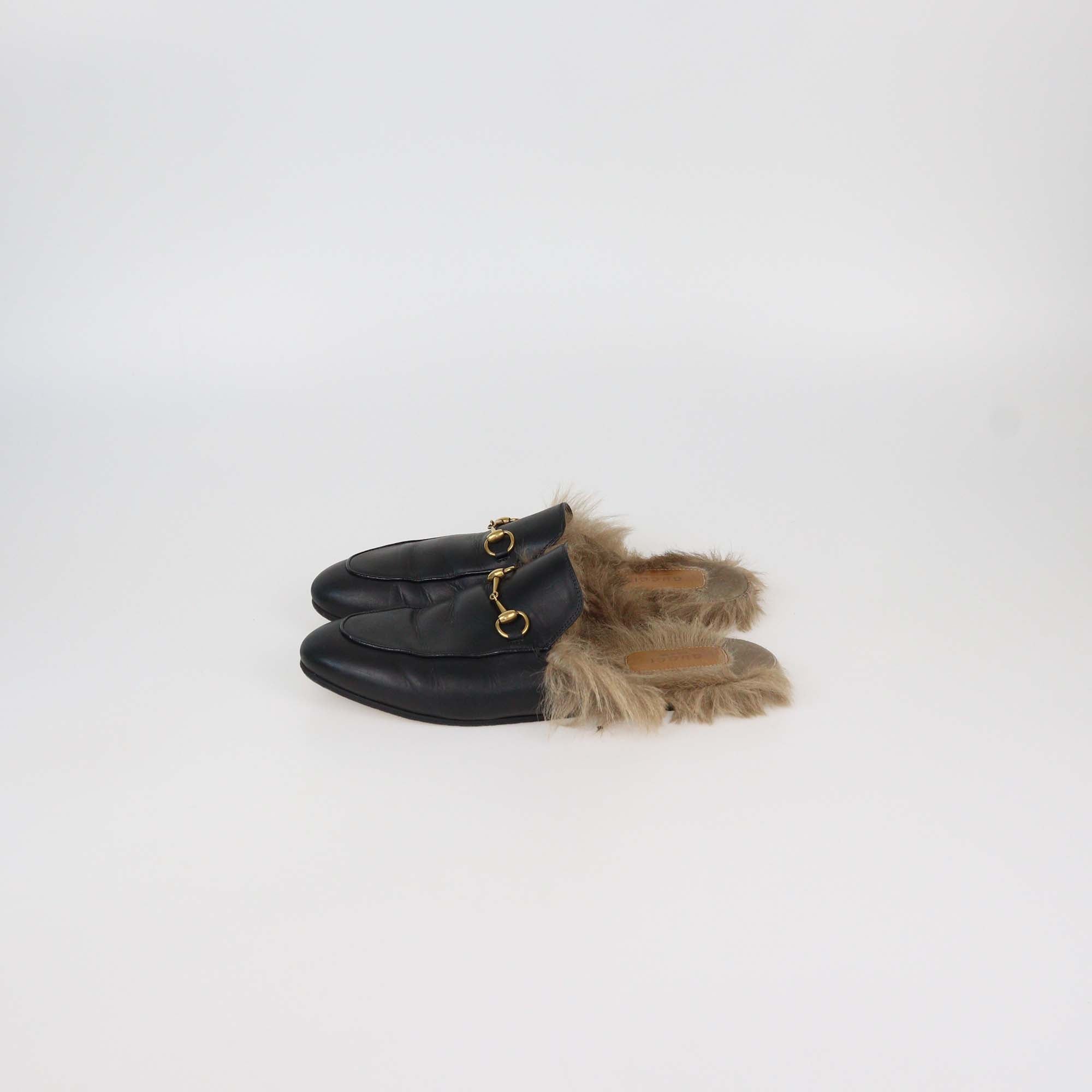 Gucci Black Leather And Fur Princetown Horsebit Mules