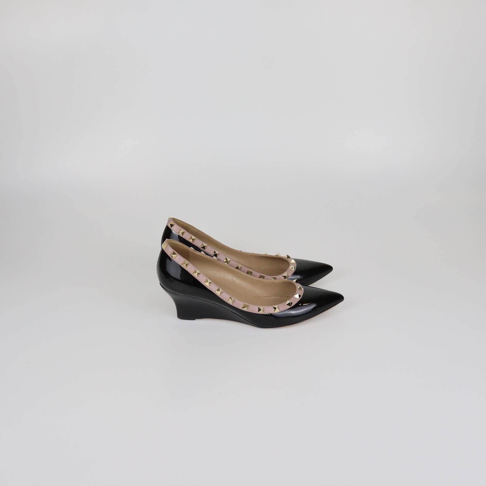 Valentino Black/Mauve Patent Leather Rockstud Pointed Toe Wedge Pumps