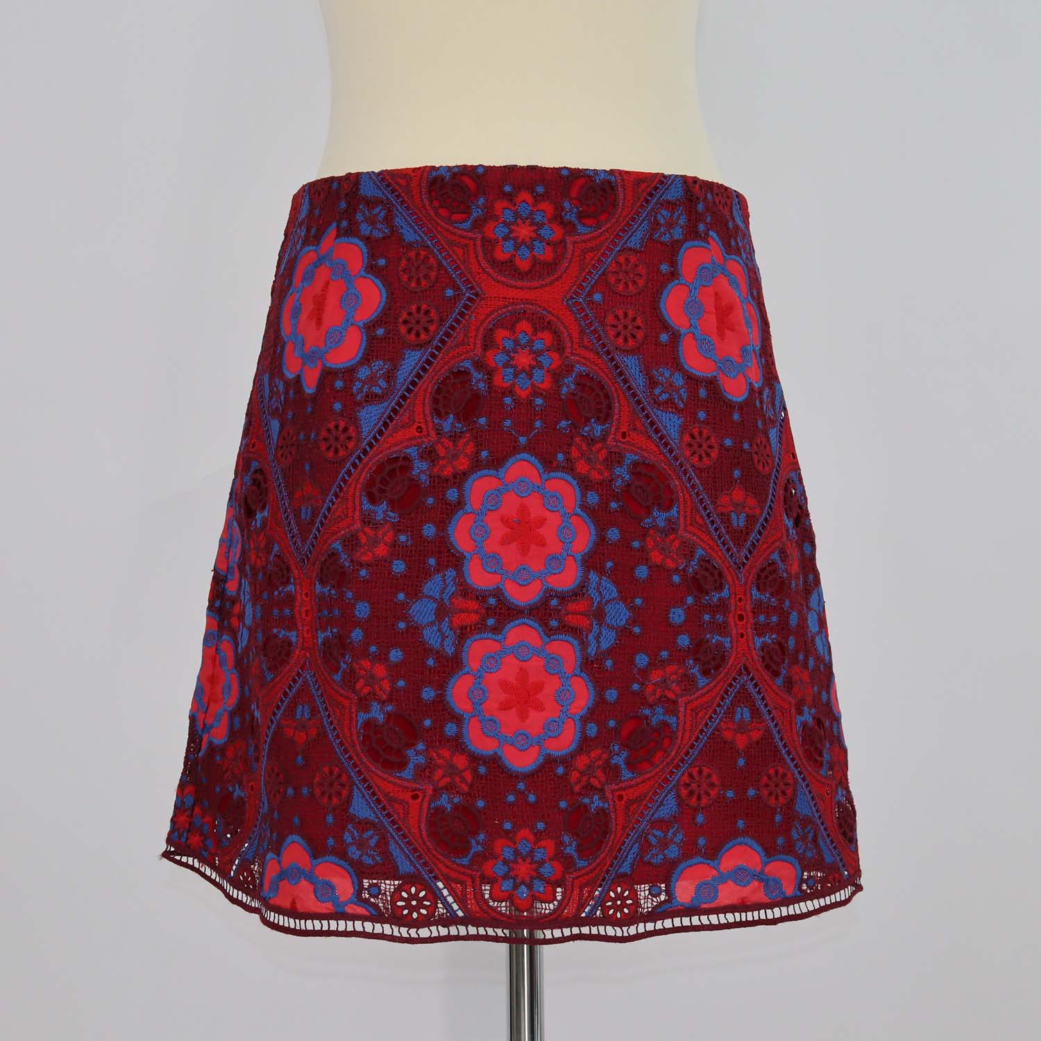 Sandro Red/Blue Jersey Floral Lace Lily Mini Skirt