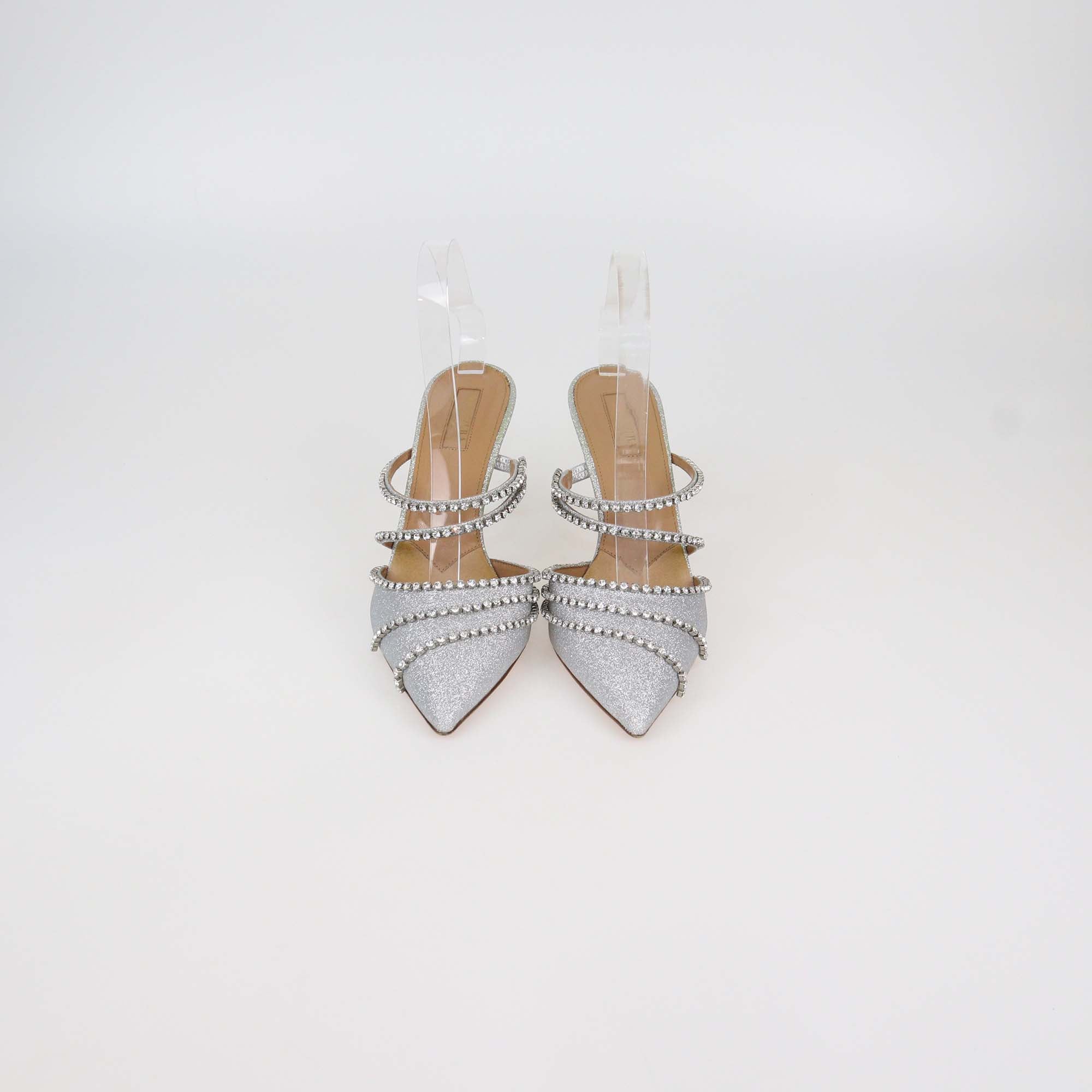 Aquazzura Silver Glitter and Crystal Strappy Luminous Mules