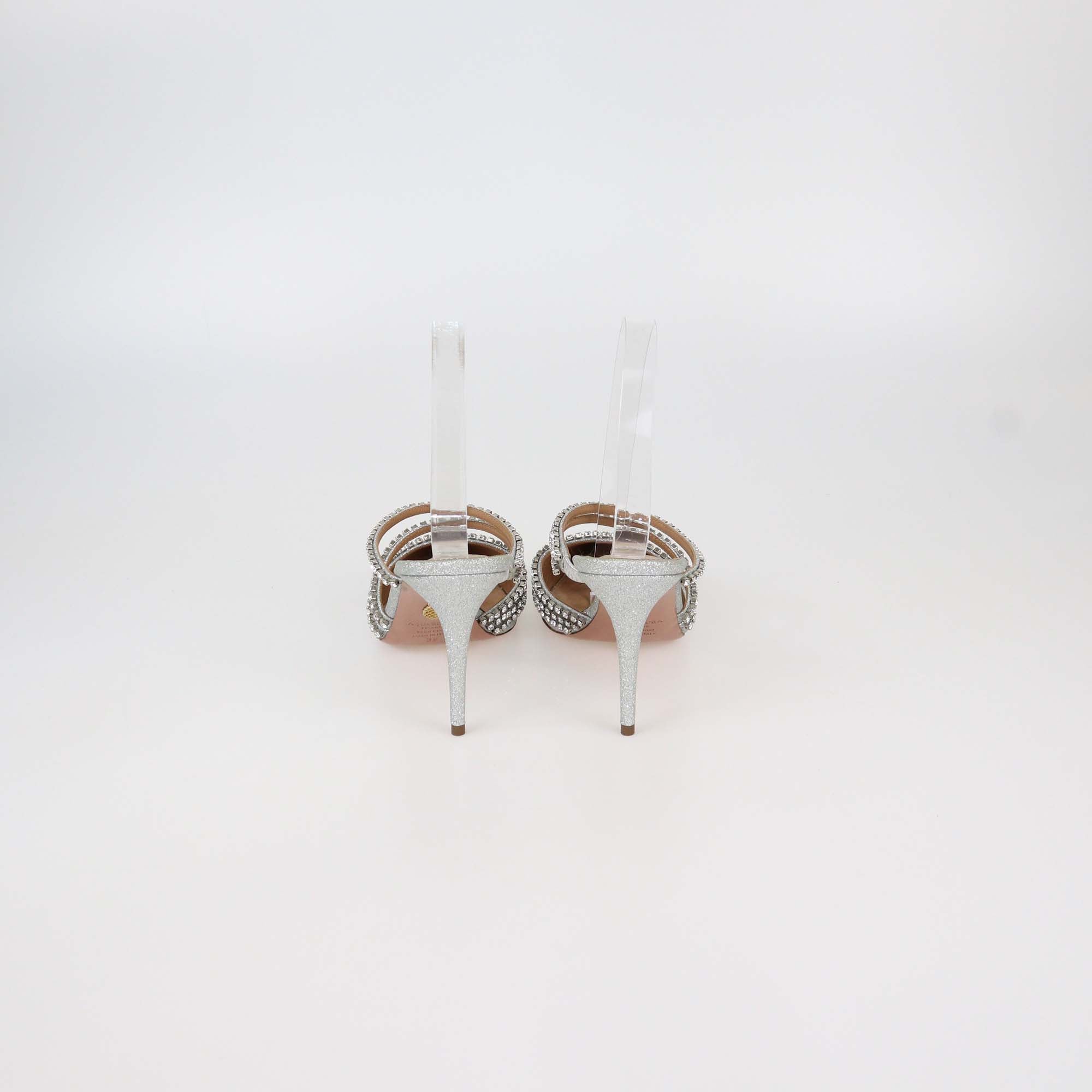 Aquazzura Silver Glitter and Crystal Strappy Luminous Mules