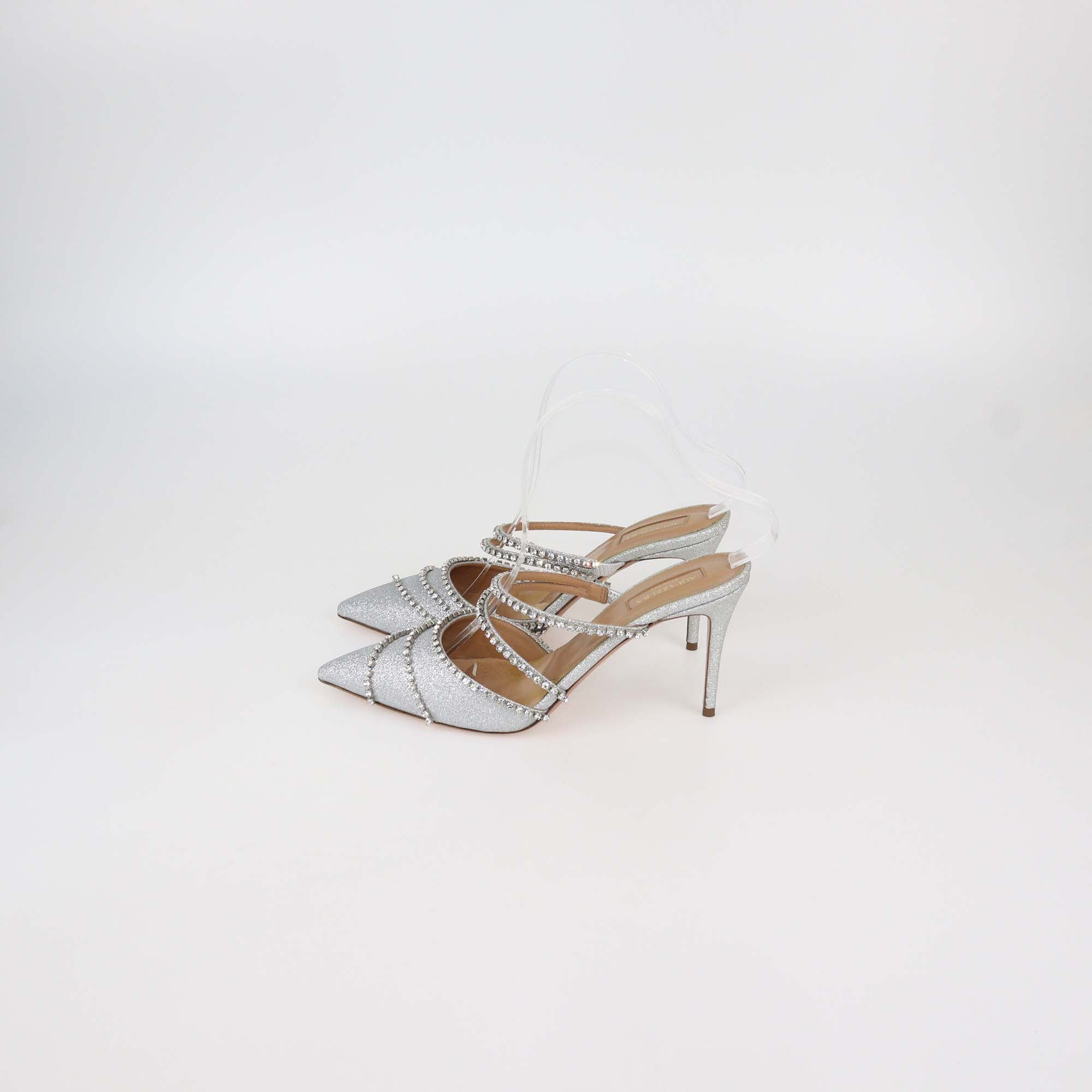 Aquazzura Silver Glitter and Crystal Strappy Luminous Mules
