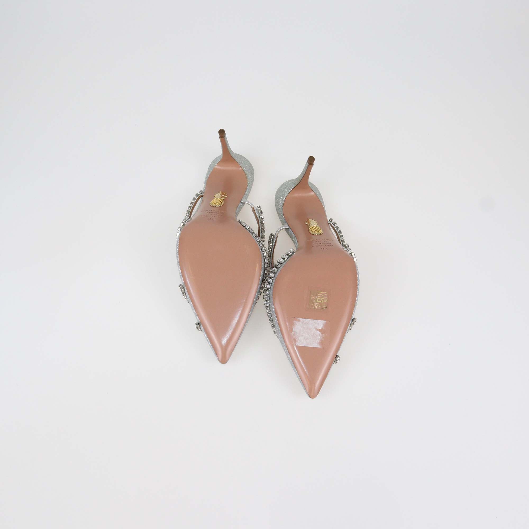 Aquazzura Silver Glitter and Crystal Strappy Luminous Mules