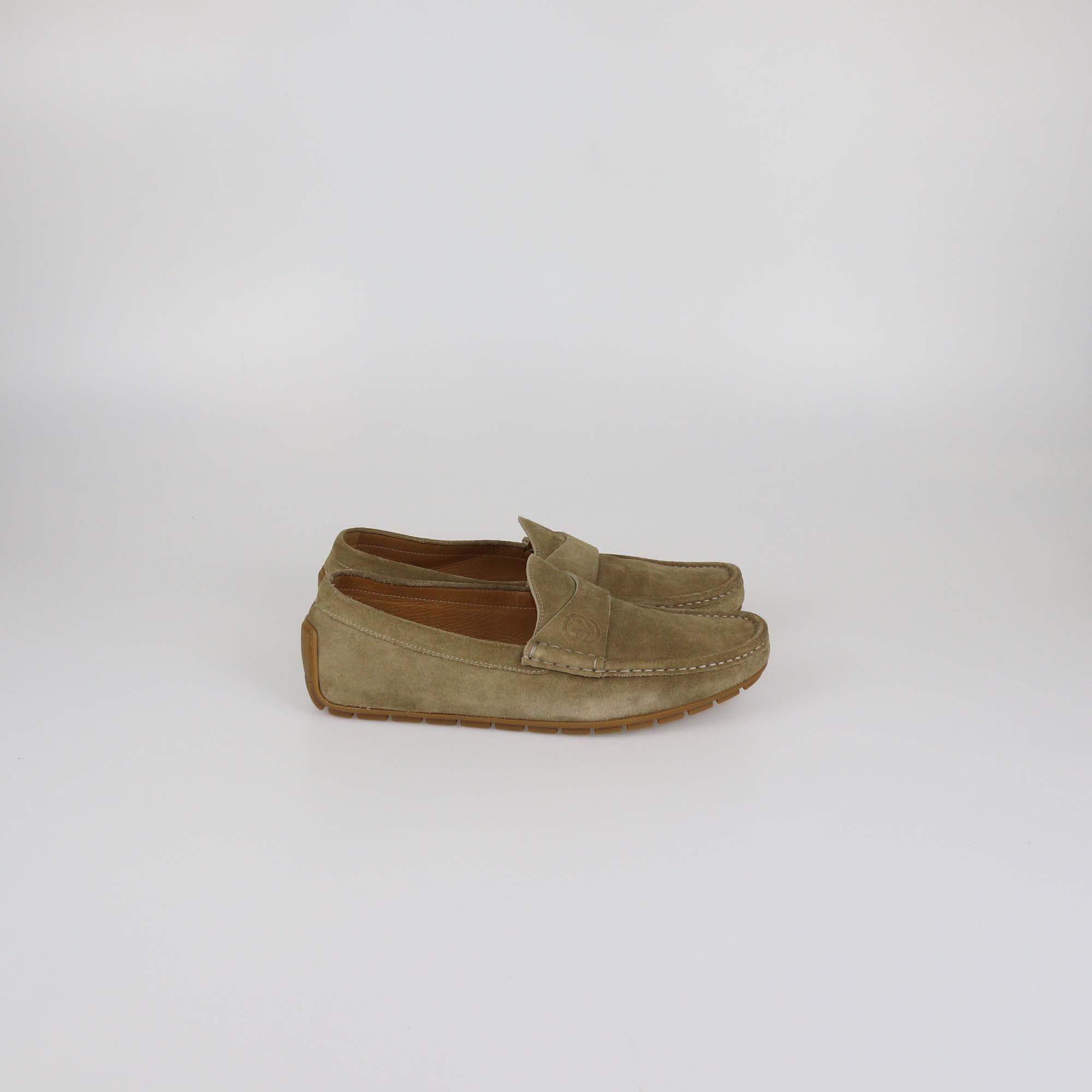 Gucci Khaki Green Suede Interlocking G Embossed Loafers