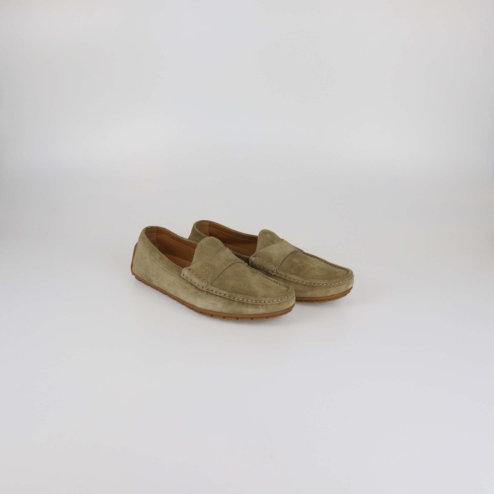 Gucci Khaki Green Suede Interlocking G Embossed Loafers