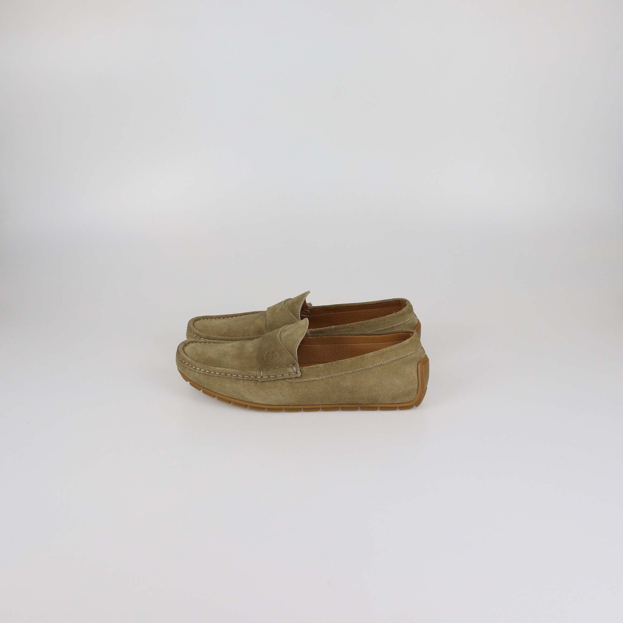 Gucci Khaki Green Suede Interlocking G Embossed Loafers