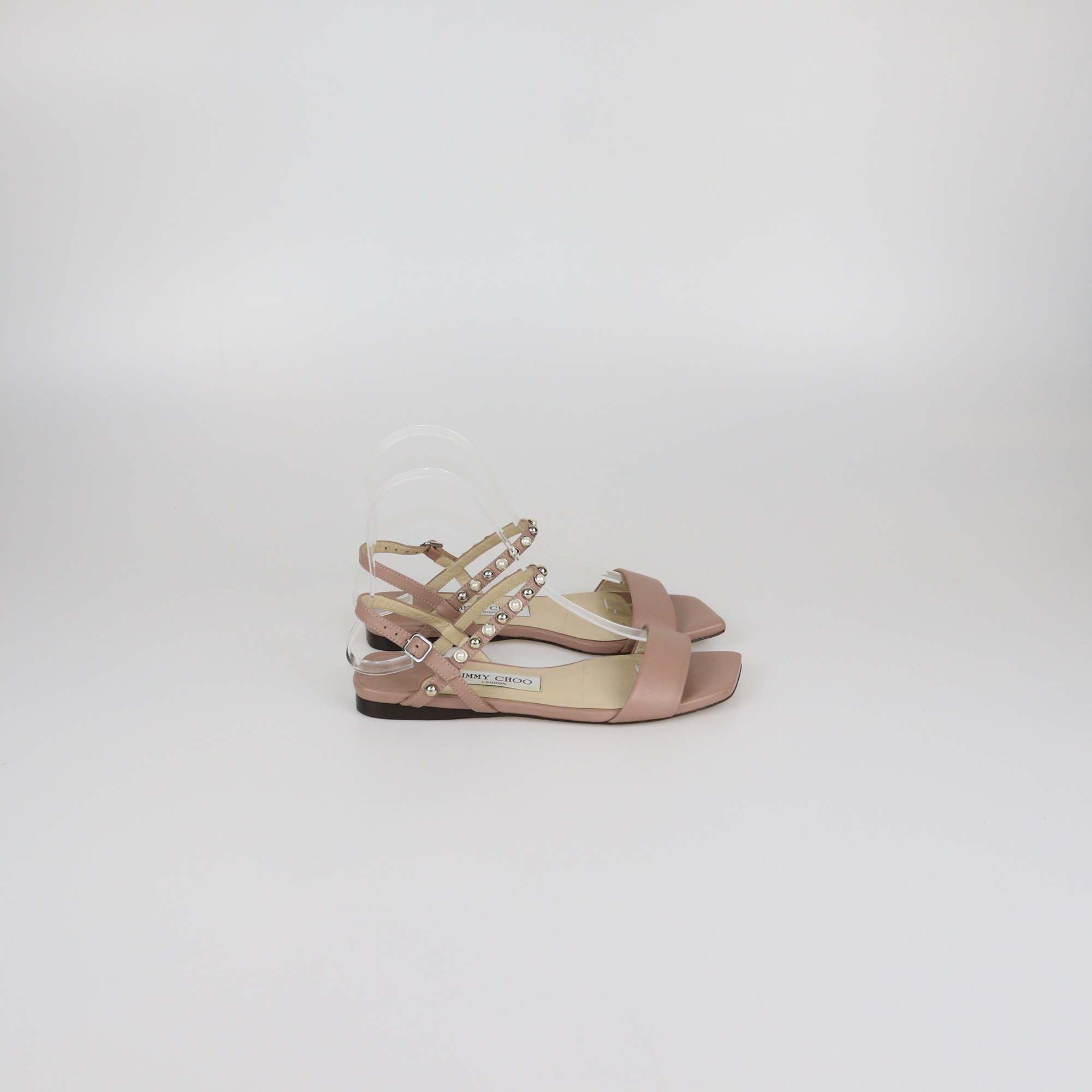 Jimmy Choo Beige Leather Aadra Ankle Strap Flat Sandals