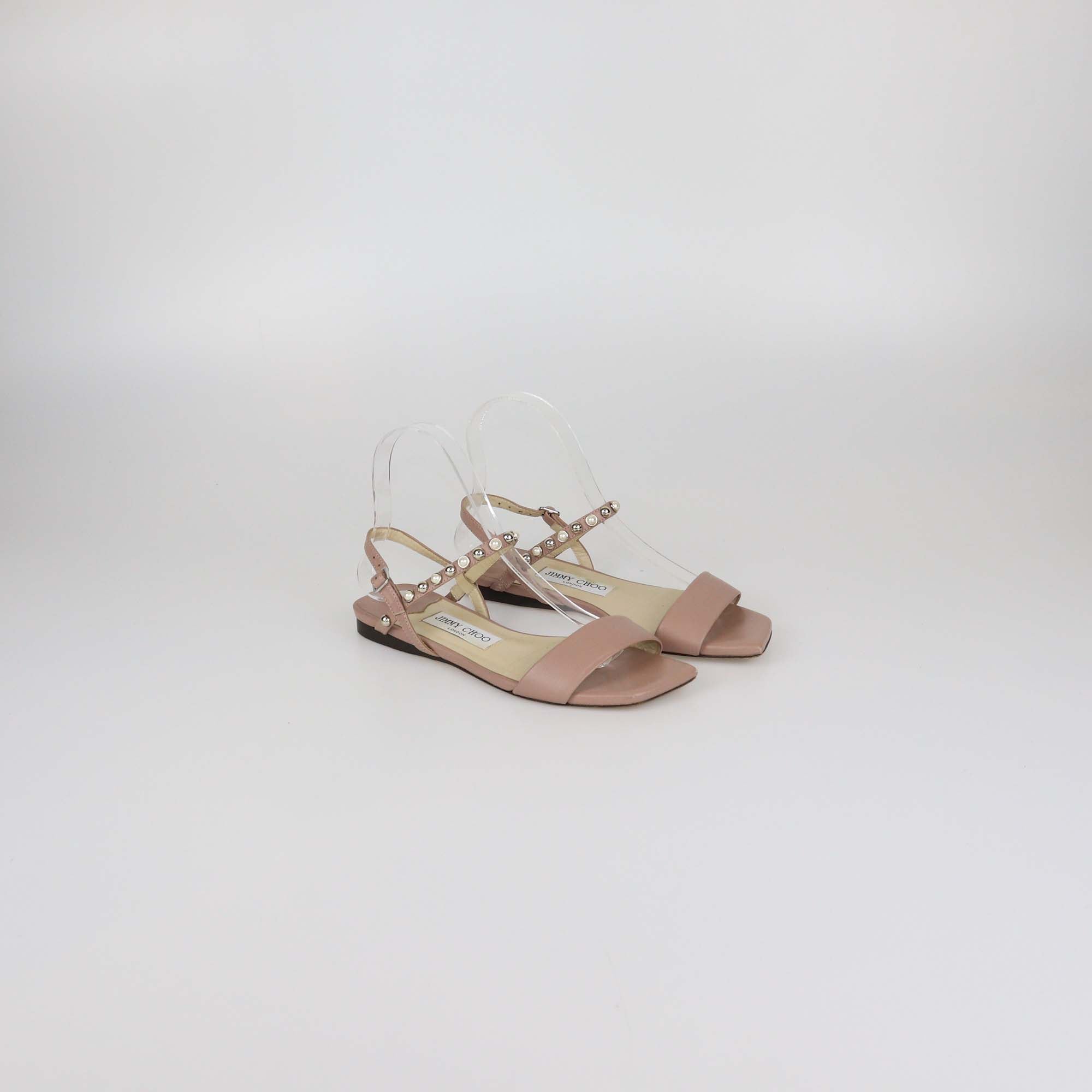 Jimmy Choo Beige Leather Aadra Ankle Strap Flat Sandals