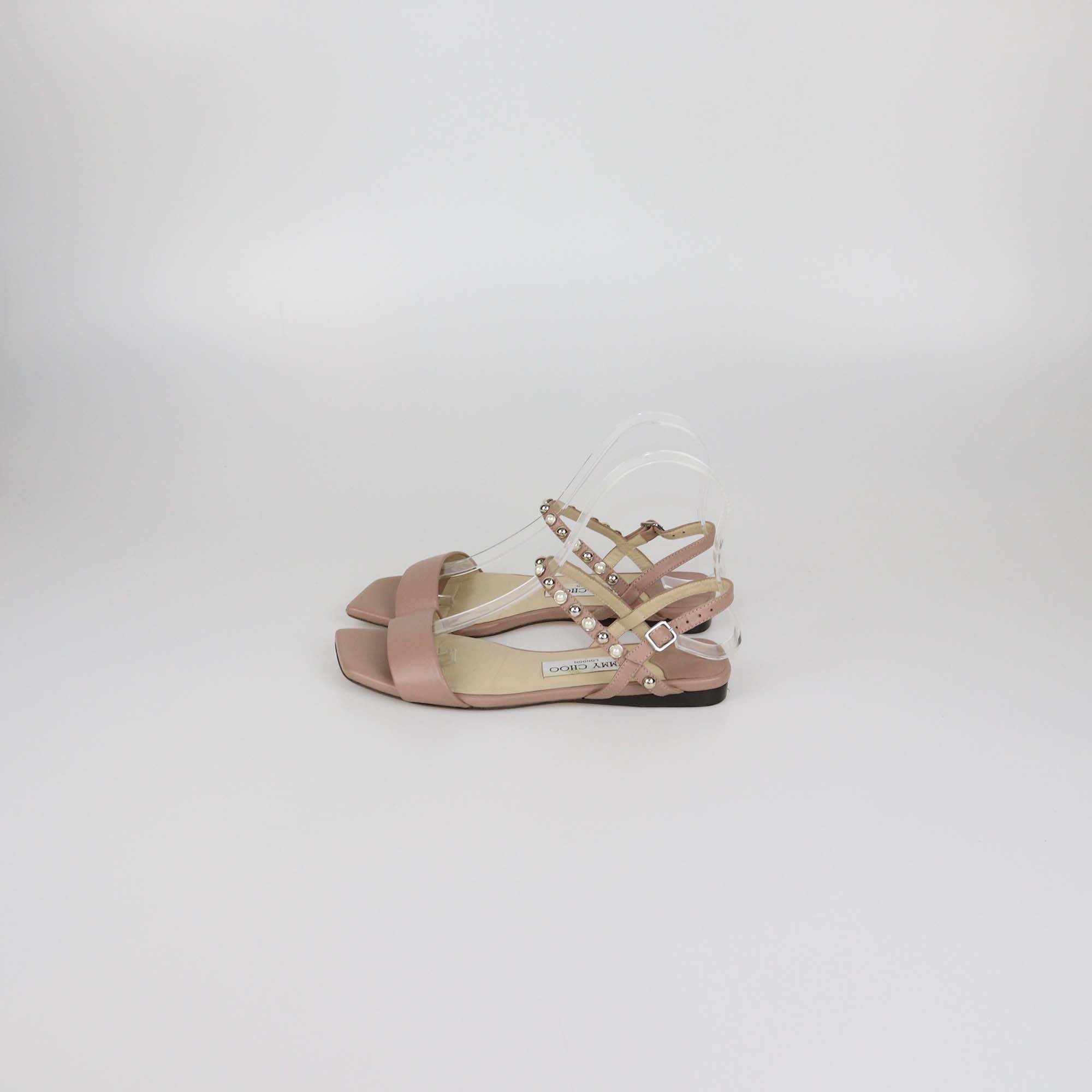 Jimmy Choo Beige Leather Aadra Ankle Strap Flat Sandals