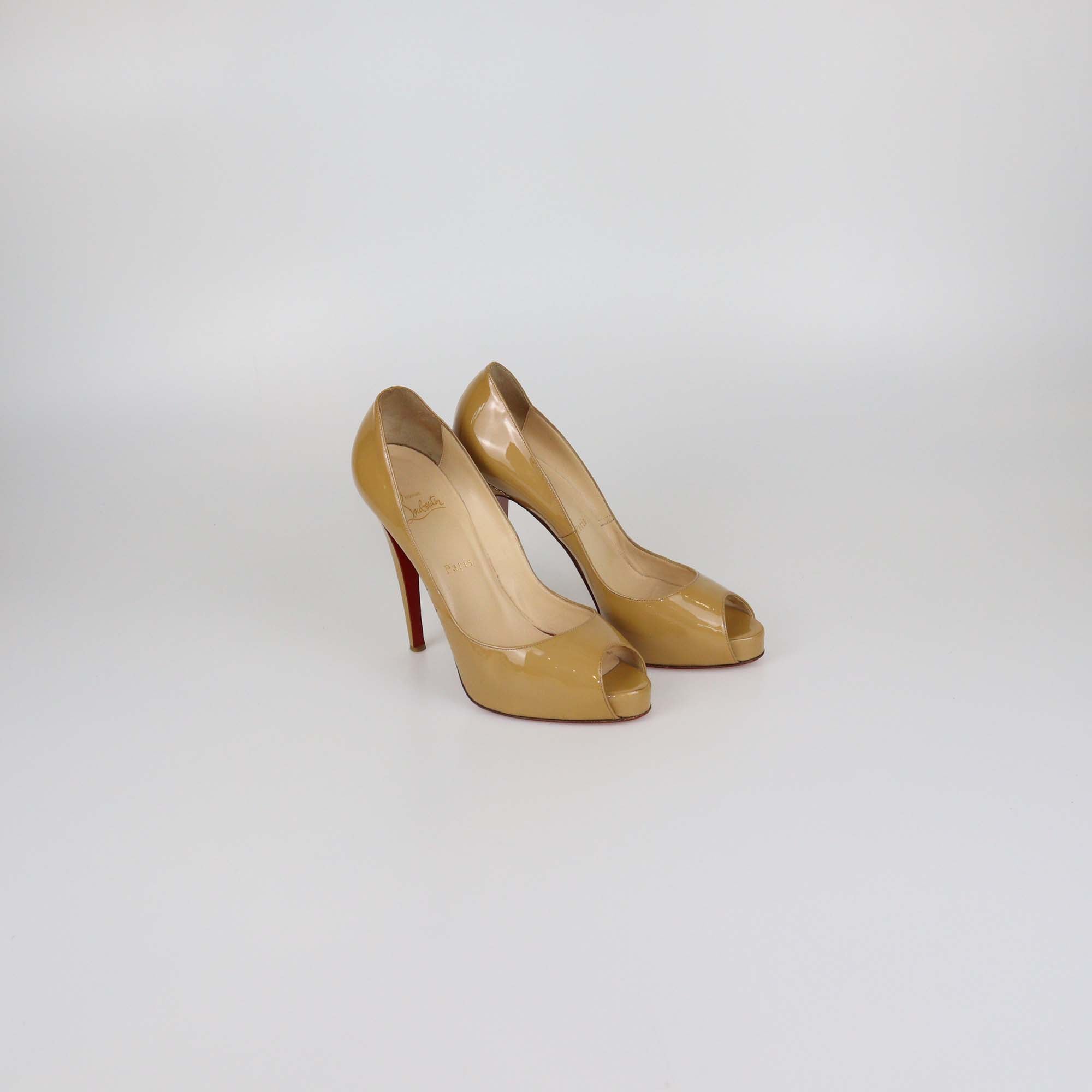 Christian Louboutin Beige Patent Leather Very Prive Peep Toe Pumps