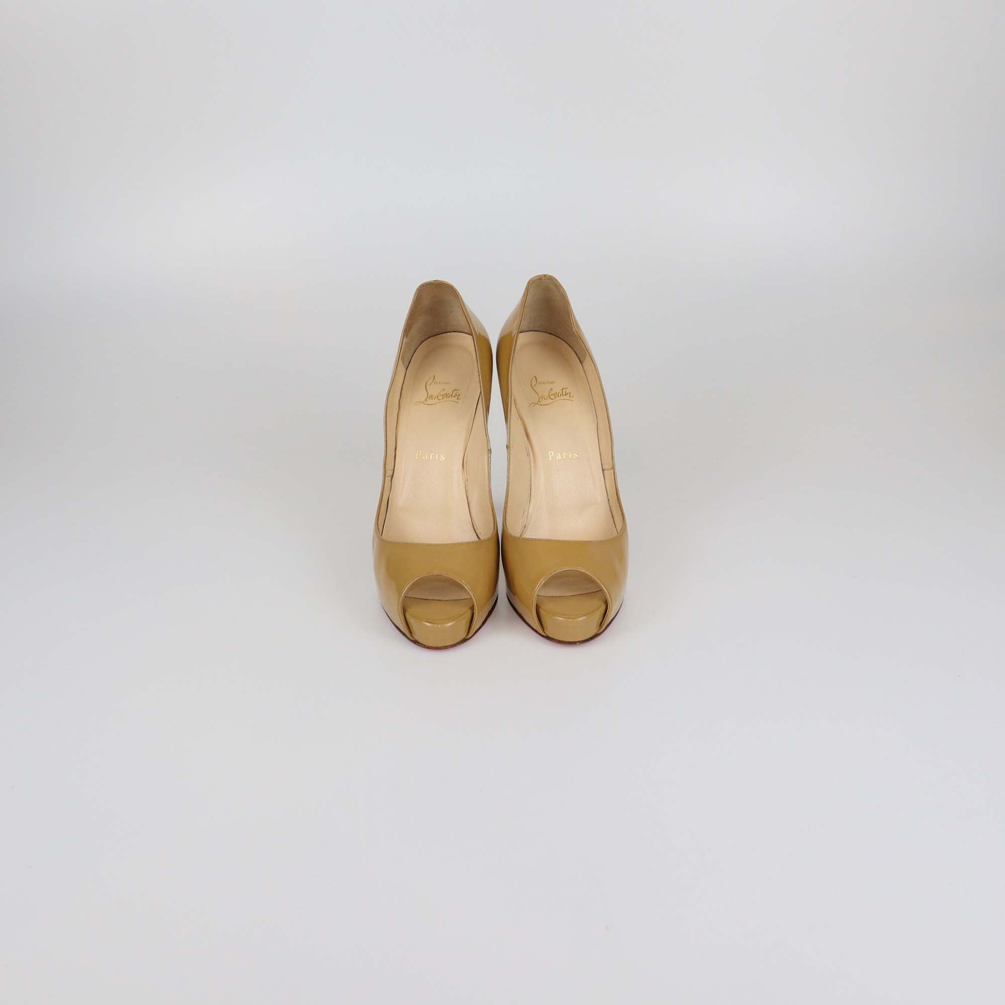Christian Louboutin Beige Patent Leather Very Prive Peep Toe Pumps