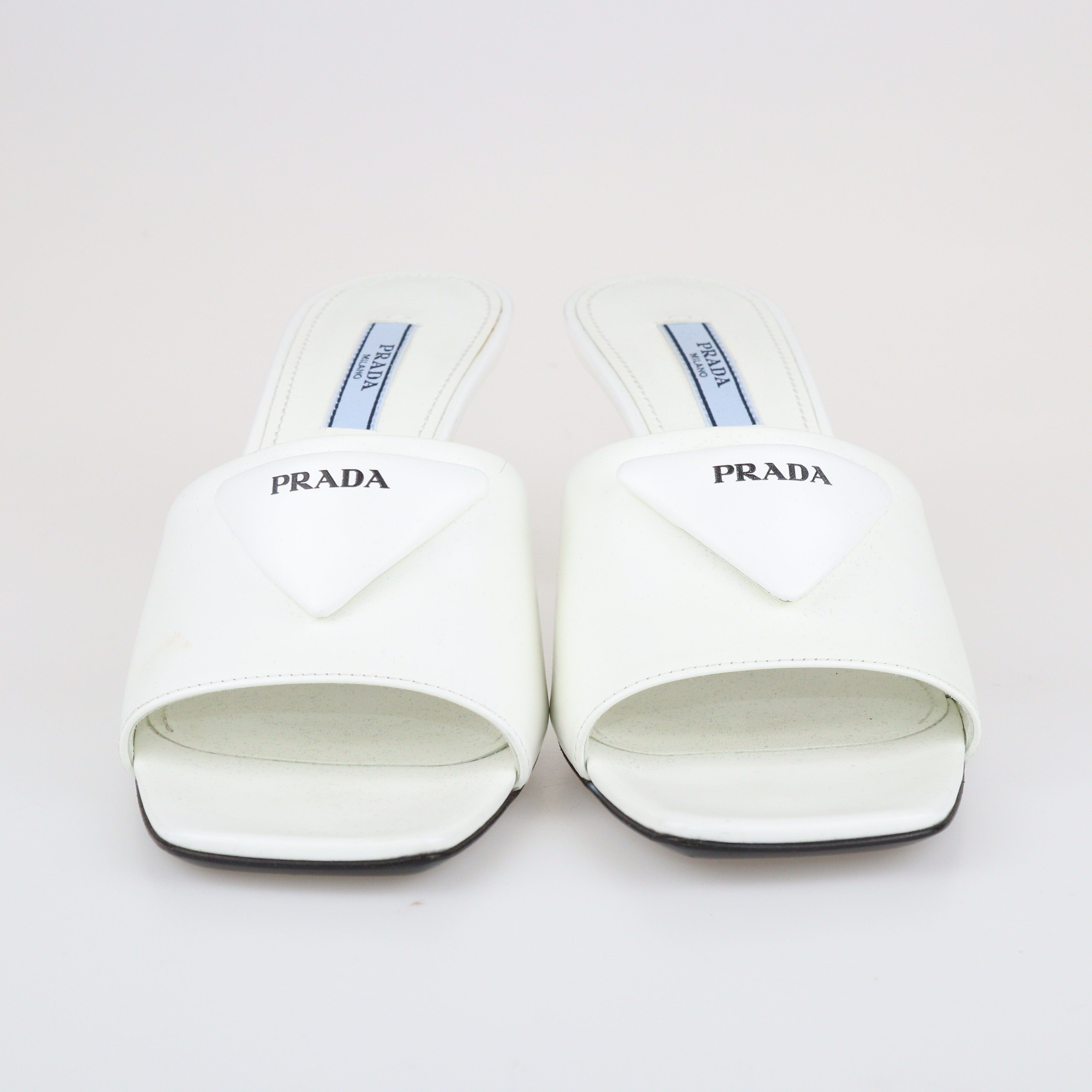 White Triangle Logo Open Toe Mules Shoes Prada 