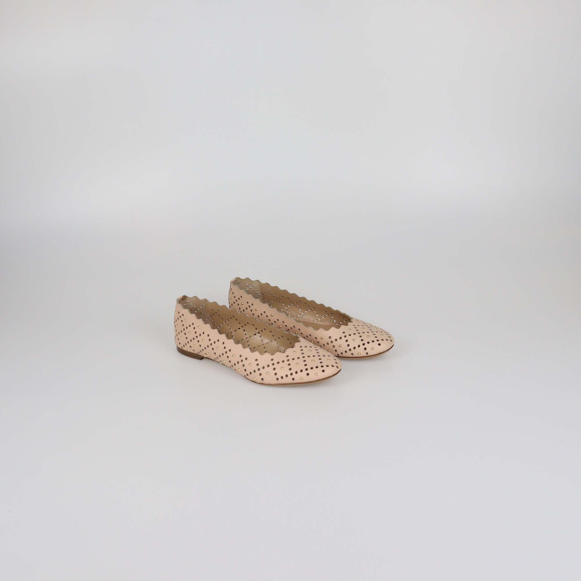 Chloe Beige Laser Cut Leather Studded Ballet Flats