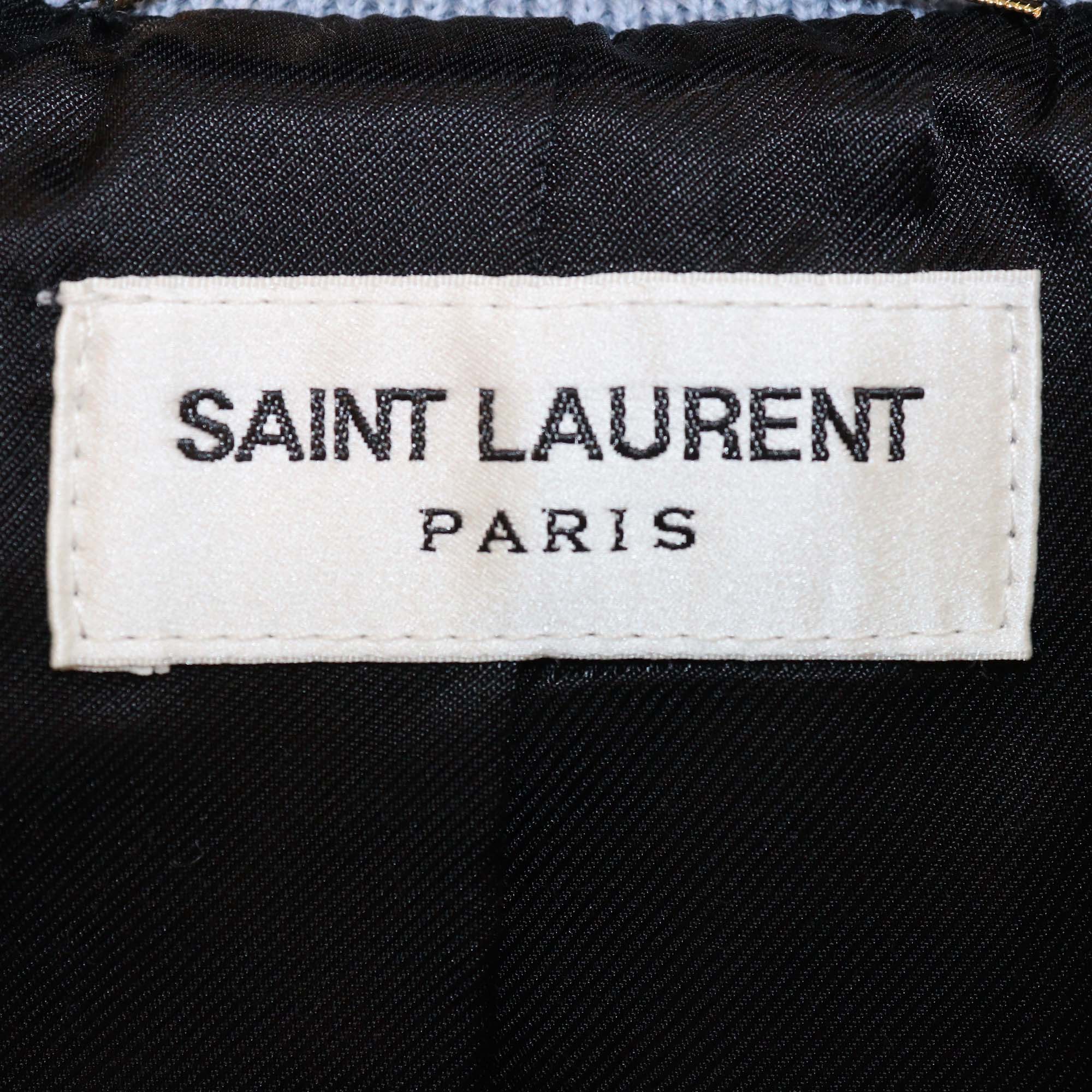 Saint Laurent Light Blue Wool Leather Trimmed Classic Teddy Bomber Jacket