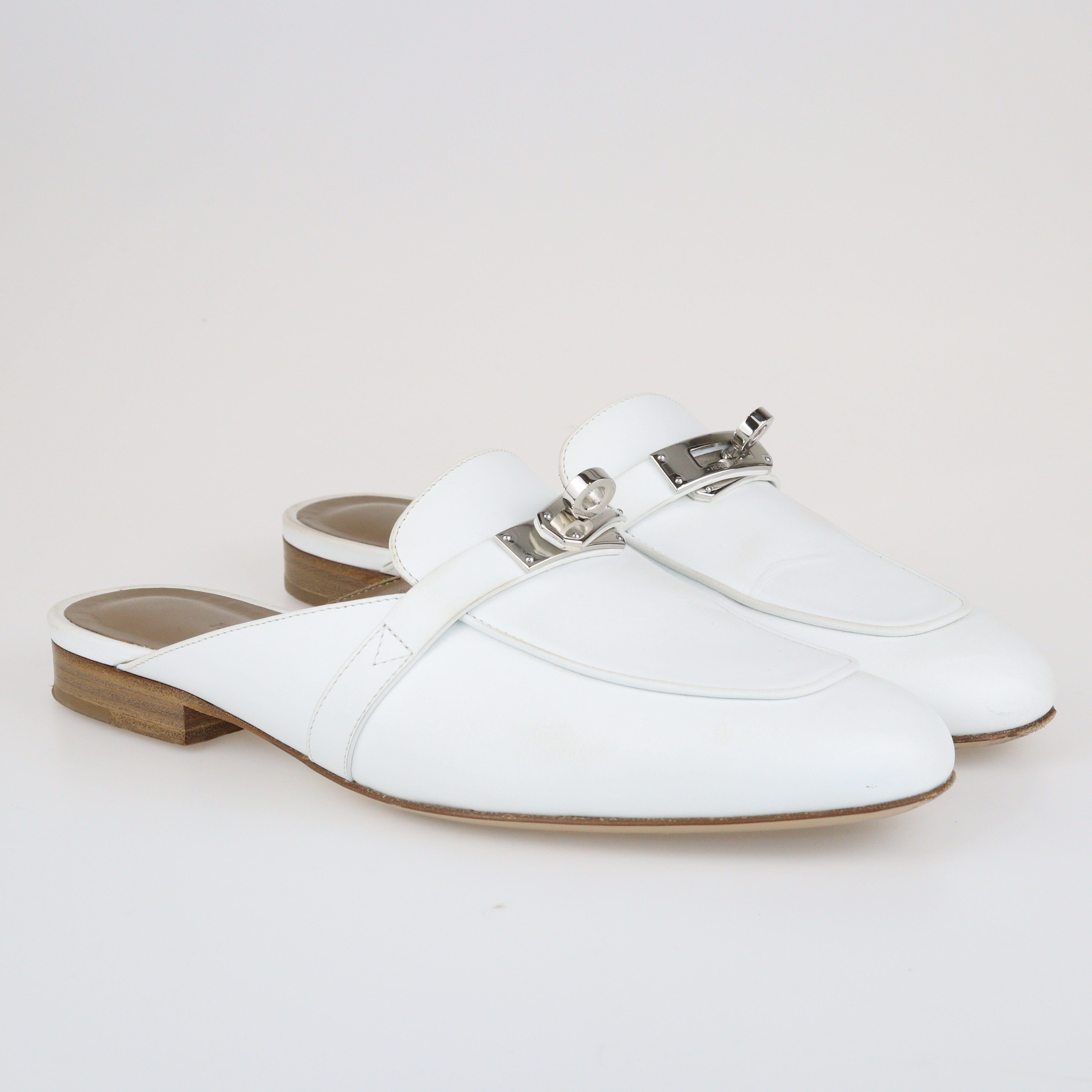 White Oz Flat Mules Shoes Hermes 