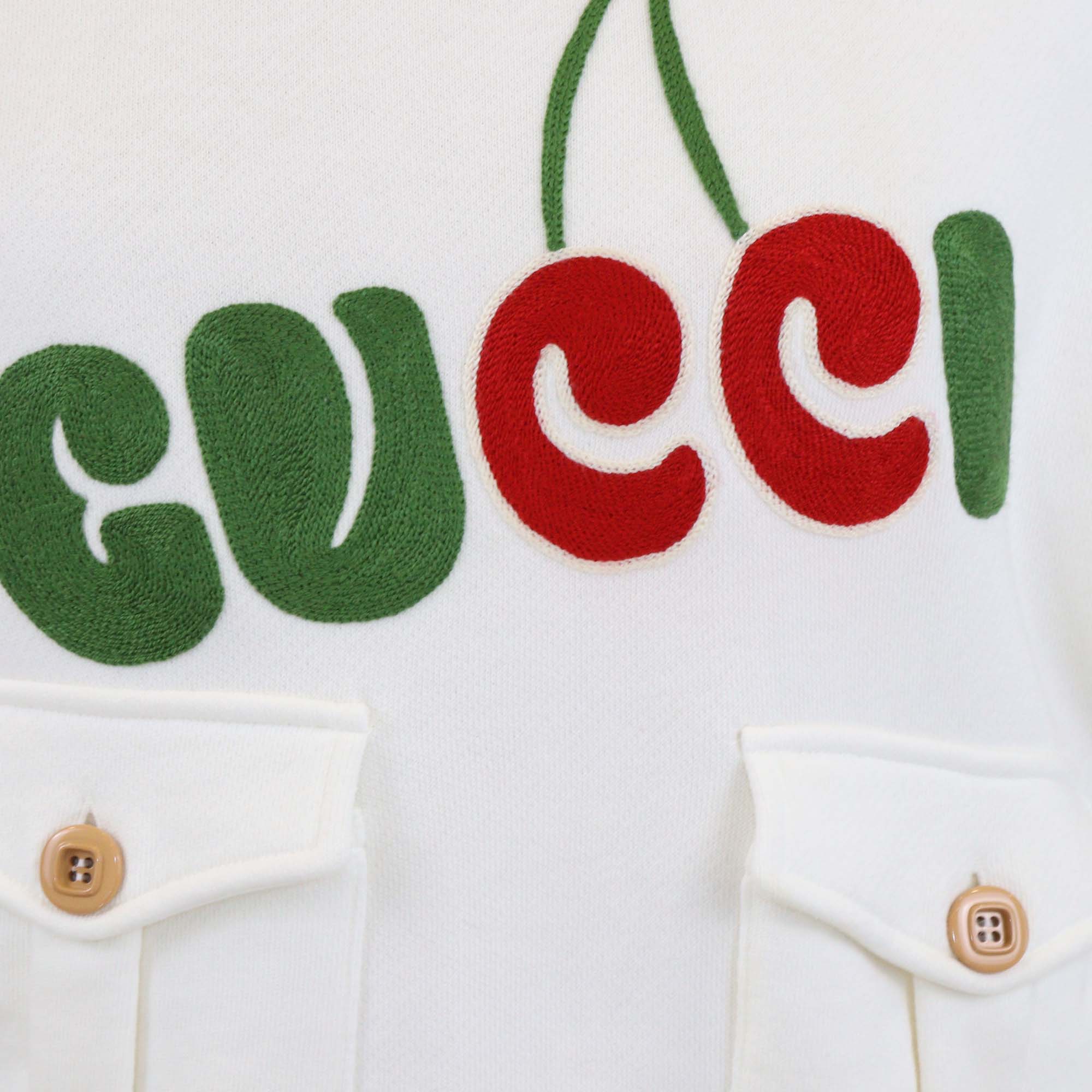 Gucci Ivory Cotton Logo Embroidered Double Pocket Detailed Long Sleeve Crop Sweatshirt
