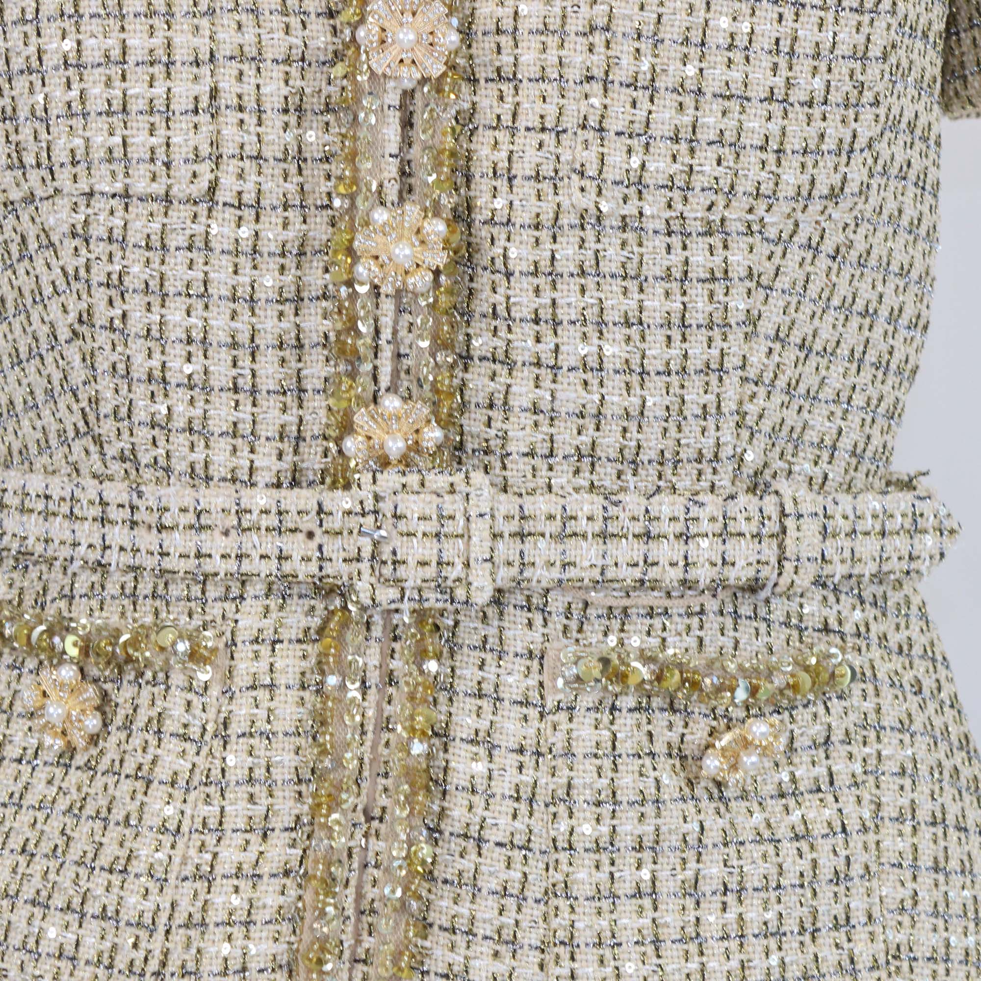 Self-Portrait Gold/Beige Tweed Belted Boucle Midi Dress