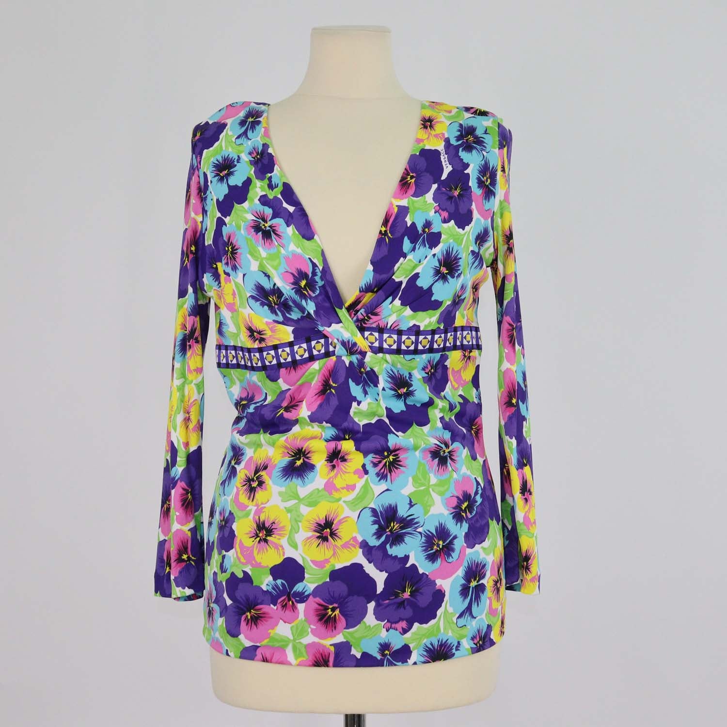 Versace Multicolor Knit Blend Floral Print V Neck Long Sleeve Top