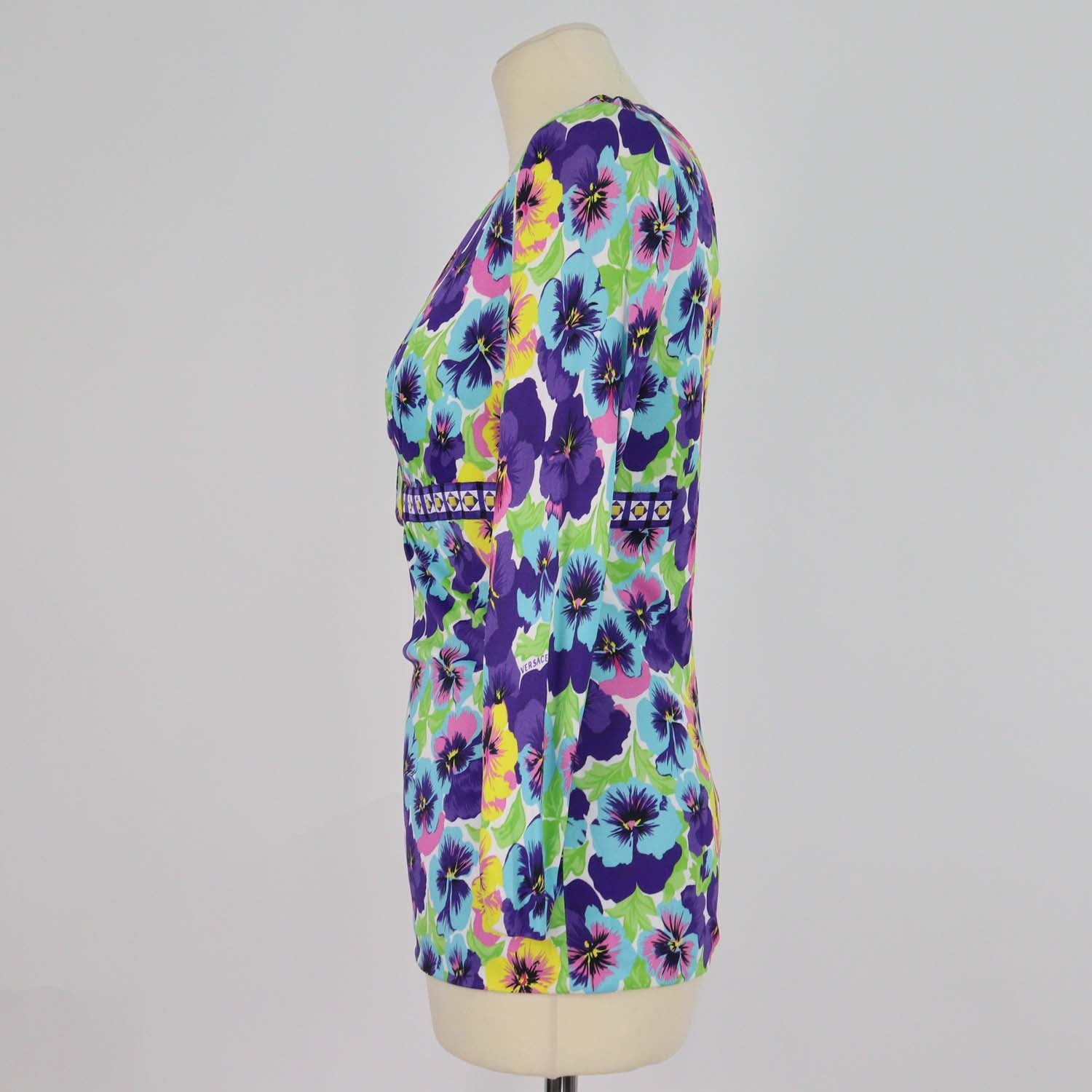 Versace Multicolor Knit Blend Floral Print V Neck Long Sleeve Top