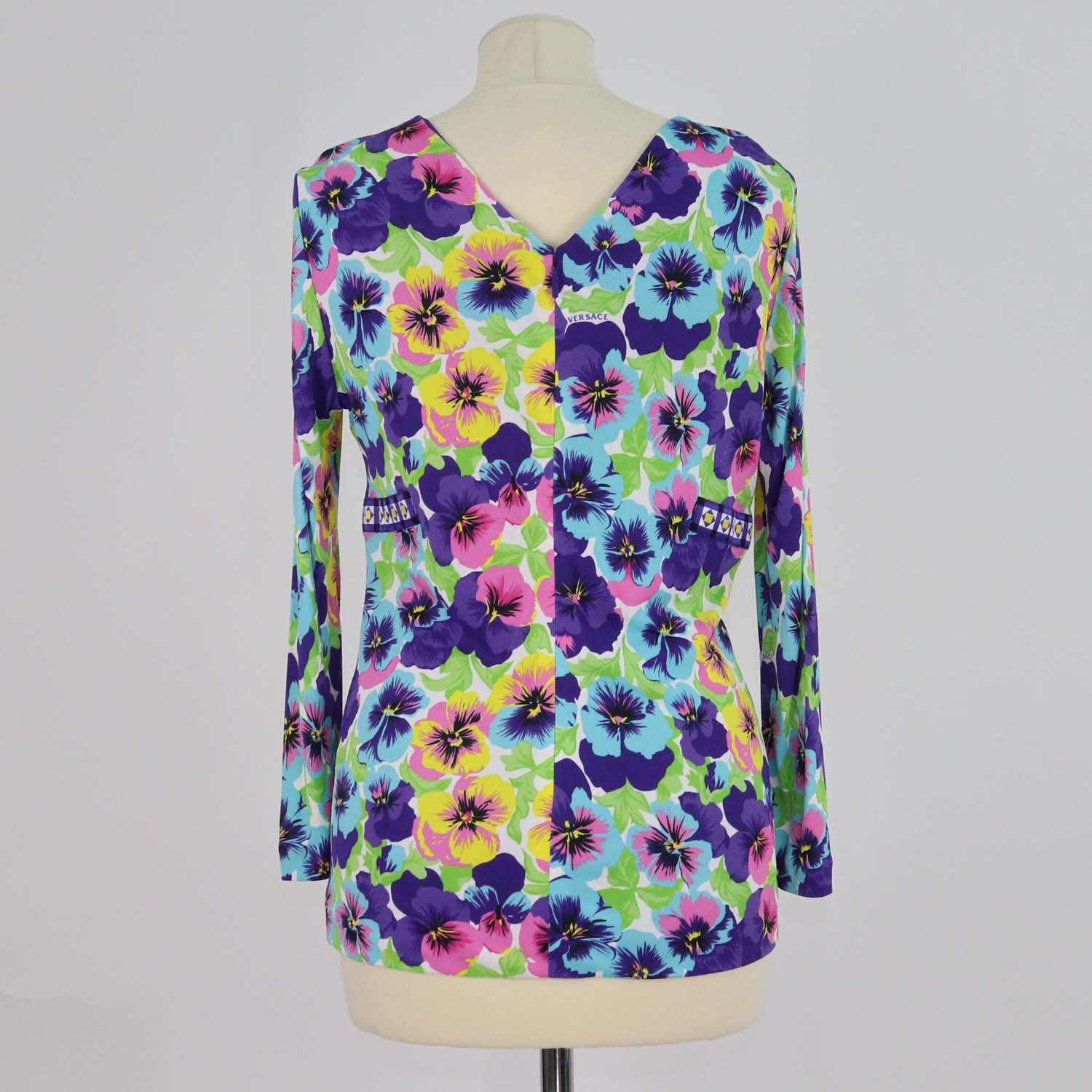 Versace Multicolor Knit Blend Floral Print V Neck Long Sleeve Top