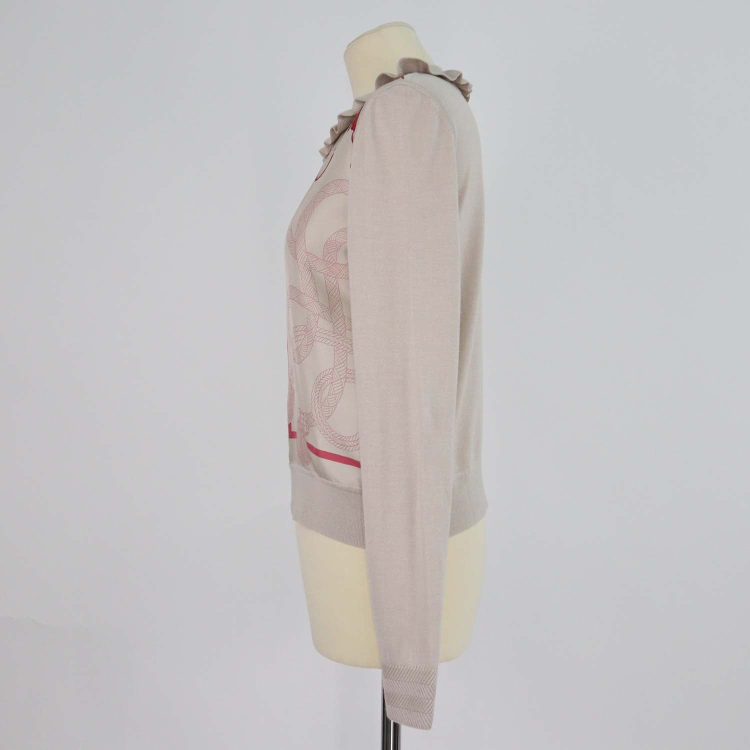 Hermes Grey, Pink Palefroi Remix Ruffled Neck Zip Up Cardigan