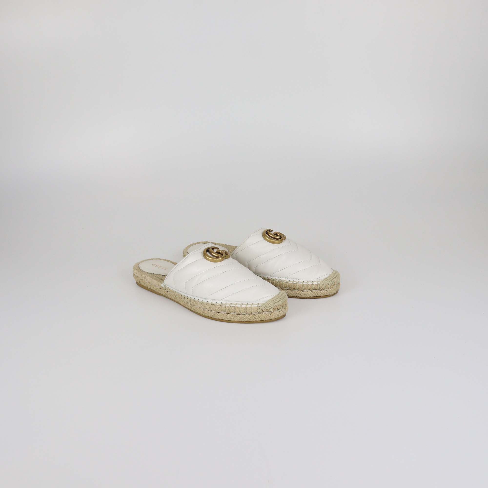 Gucci White Matelasse Leather GG Marmont Espadrille Mules