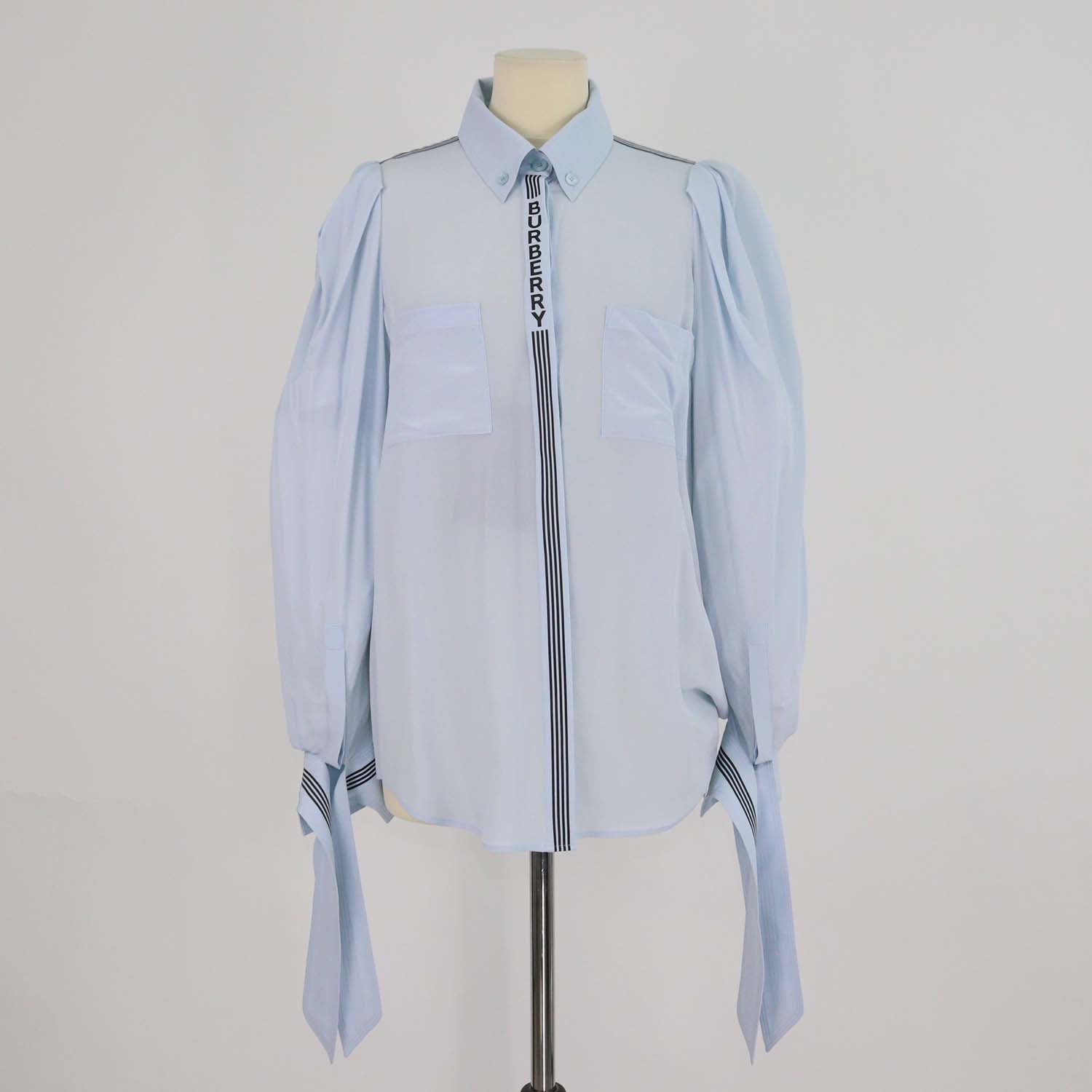 Burberry Light Blue Logo Print Silk Tie-Up Cuff Shirt