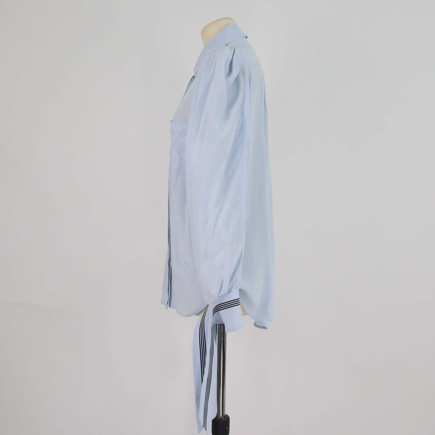 Burberry Light Blue Logo Print Silk Tie-Up Cuff Shirt