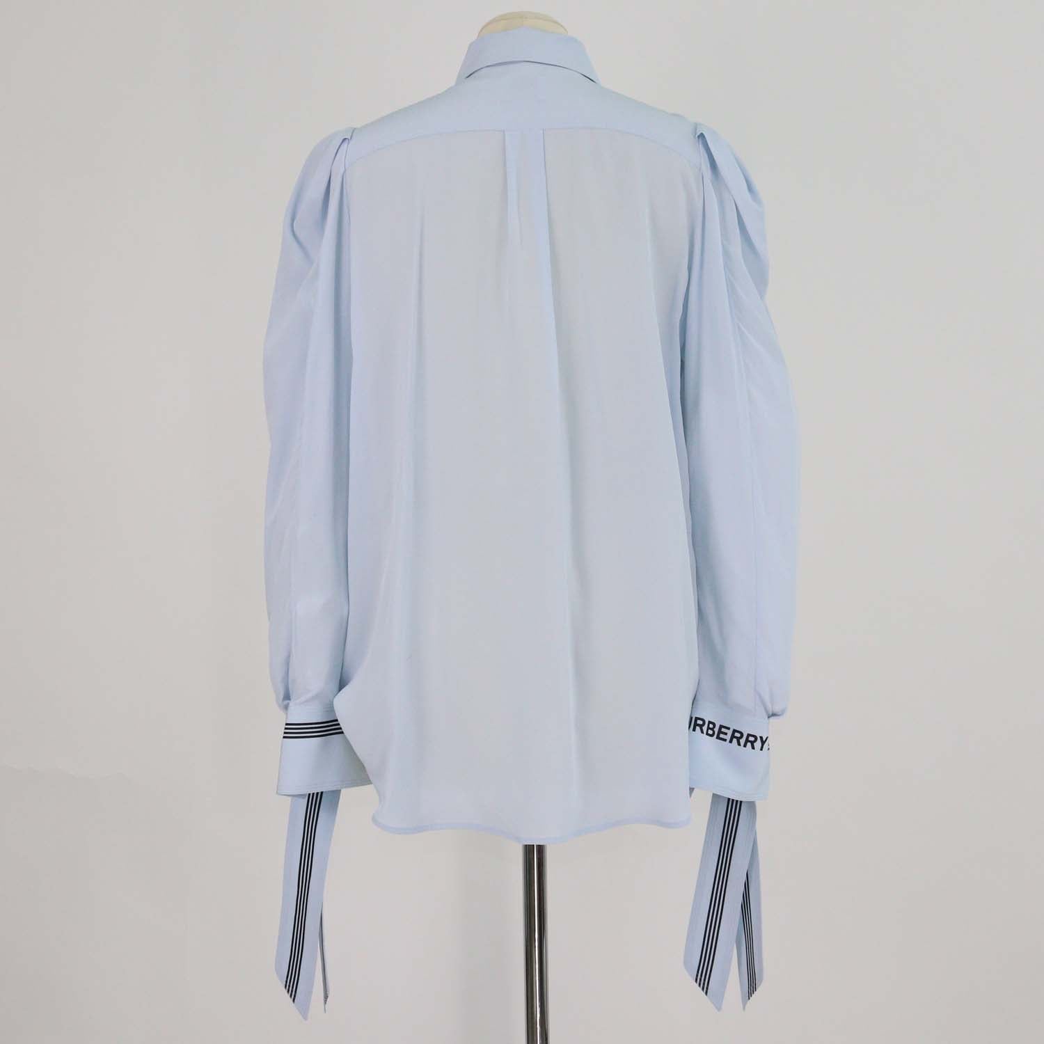 Burberry Light Blue Logo Print Silk Tie-Up Cuff Shirt