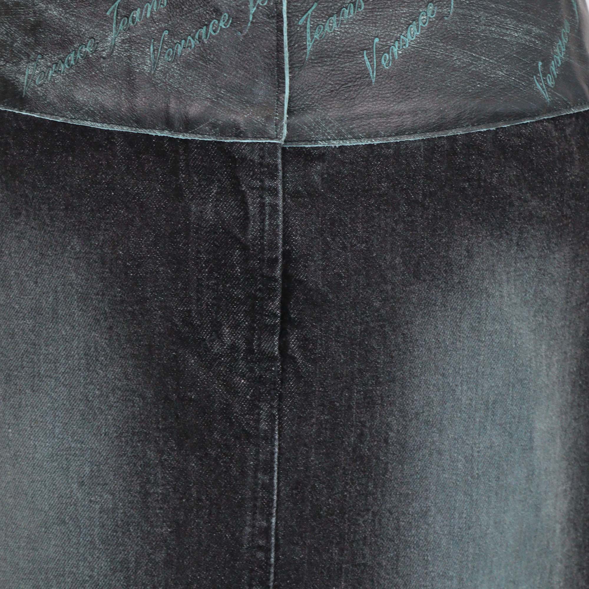Versace Jeans Couture Green/Black Washed Denim and Leather Mini Skirt