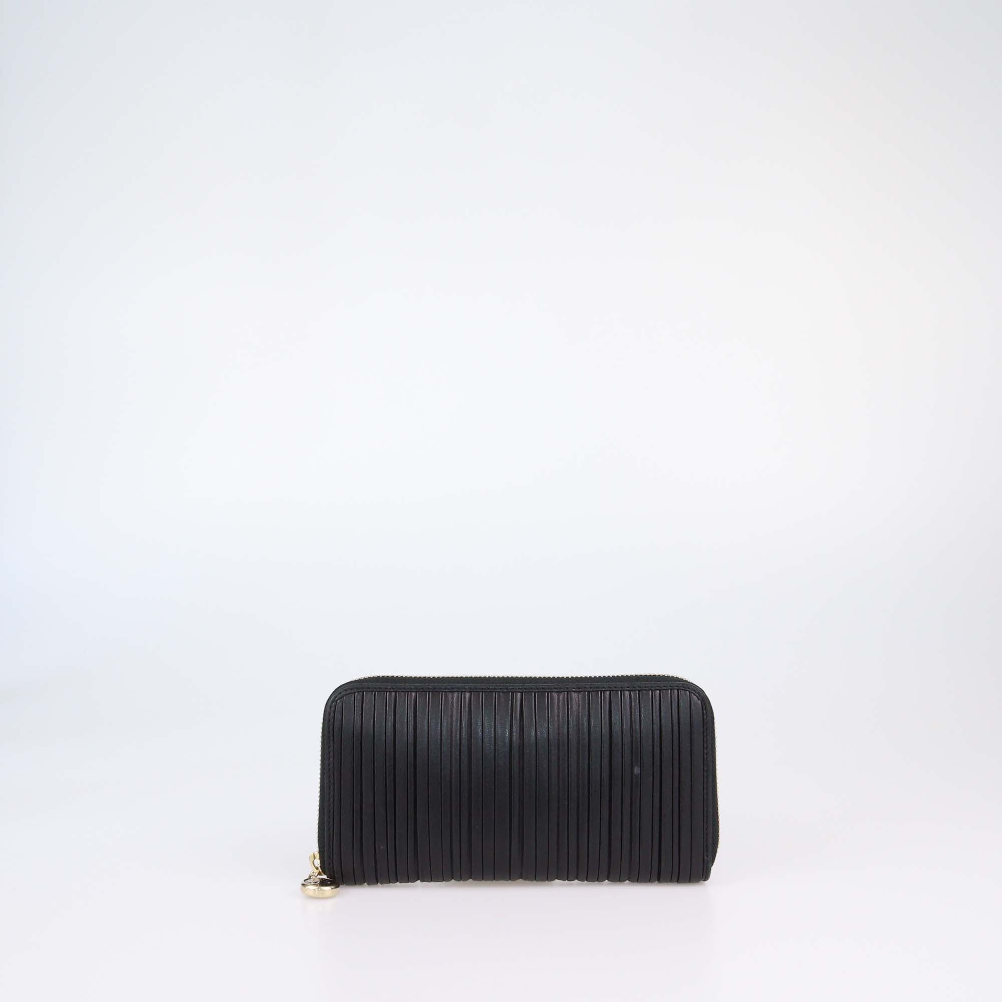 Bvlgari Black Leather Plisse Zip Around Wallet