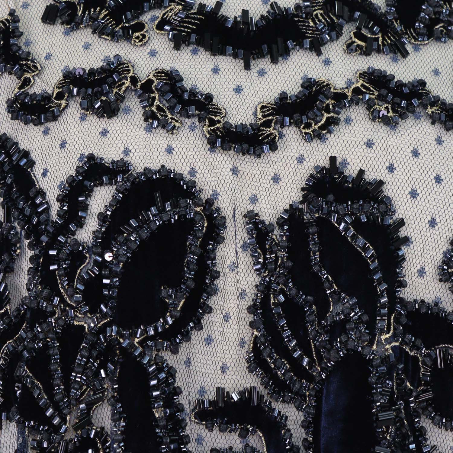 Biyan Dark Navy Polyamide Velvet Embroidery Applique Embellished Tulle Flare Blouse