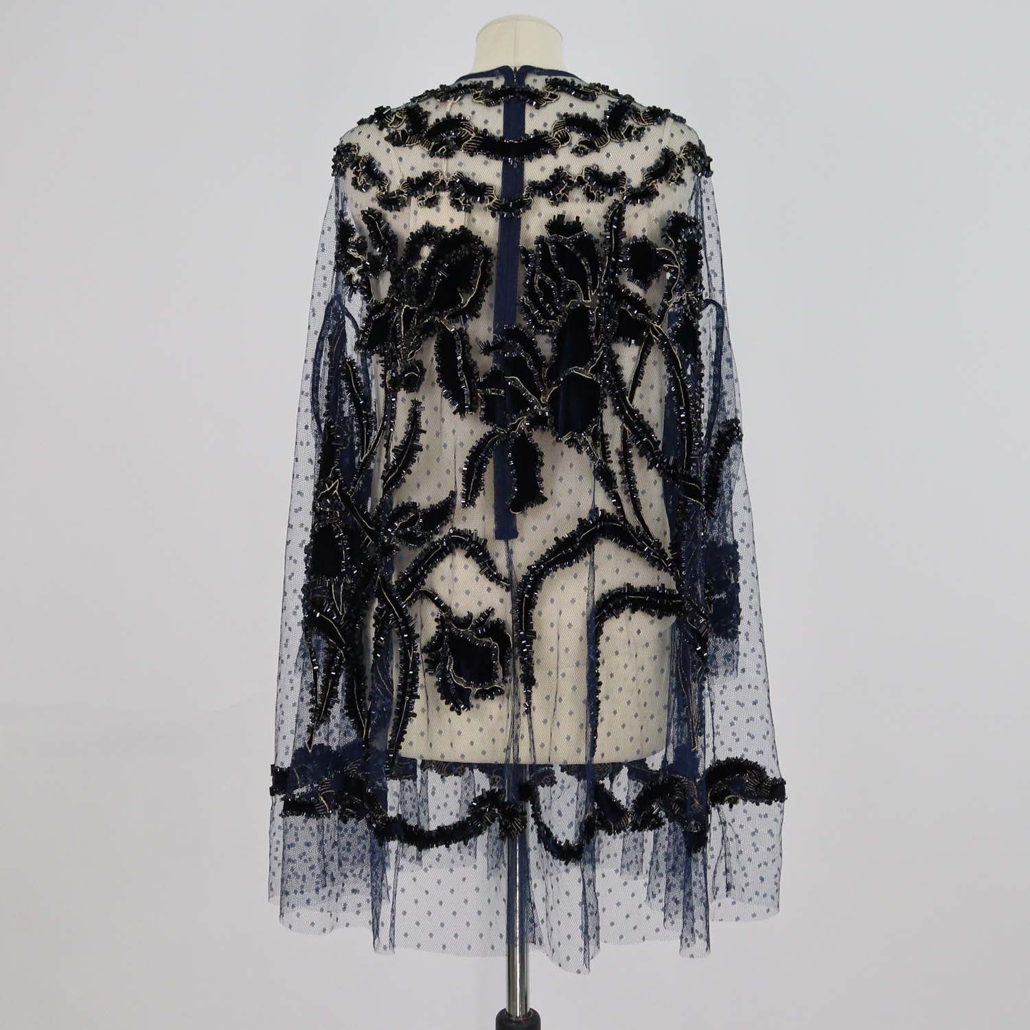 Biyan Dark Navy Polyamide Velvet Embroidery Applique Embellished Tulle Flare Blouse