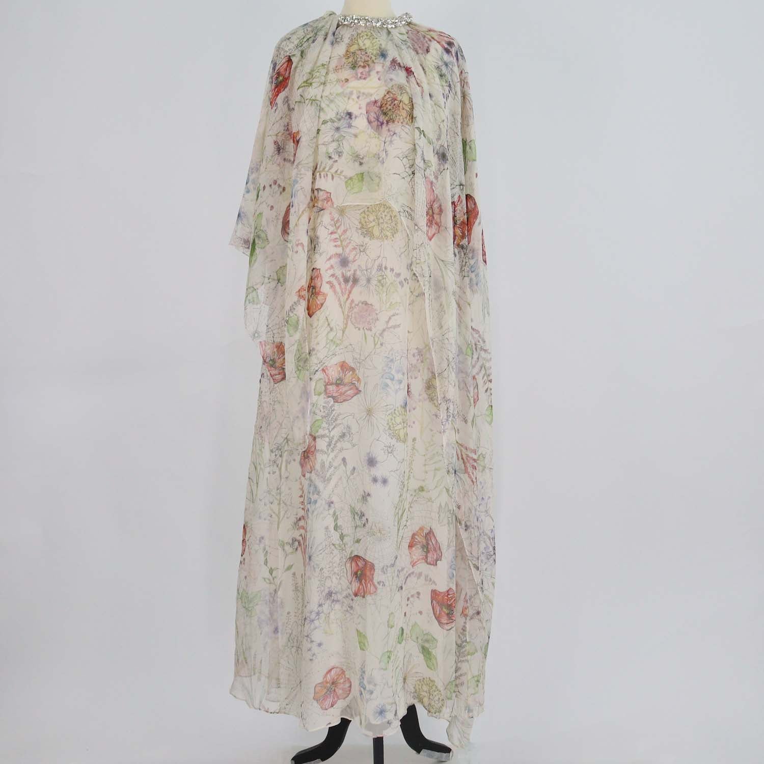 McQueen Multicolor Silk Jewelled Trim Floral Print Cape Gown