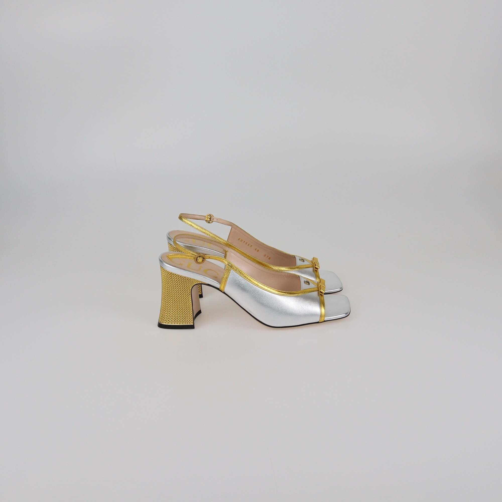 Gucci Silver/Gold Alison Bow Slingback Sandals Womens Gucci