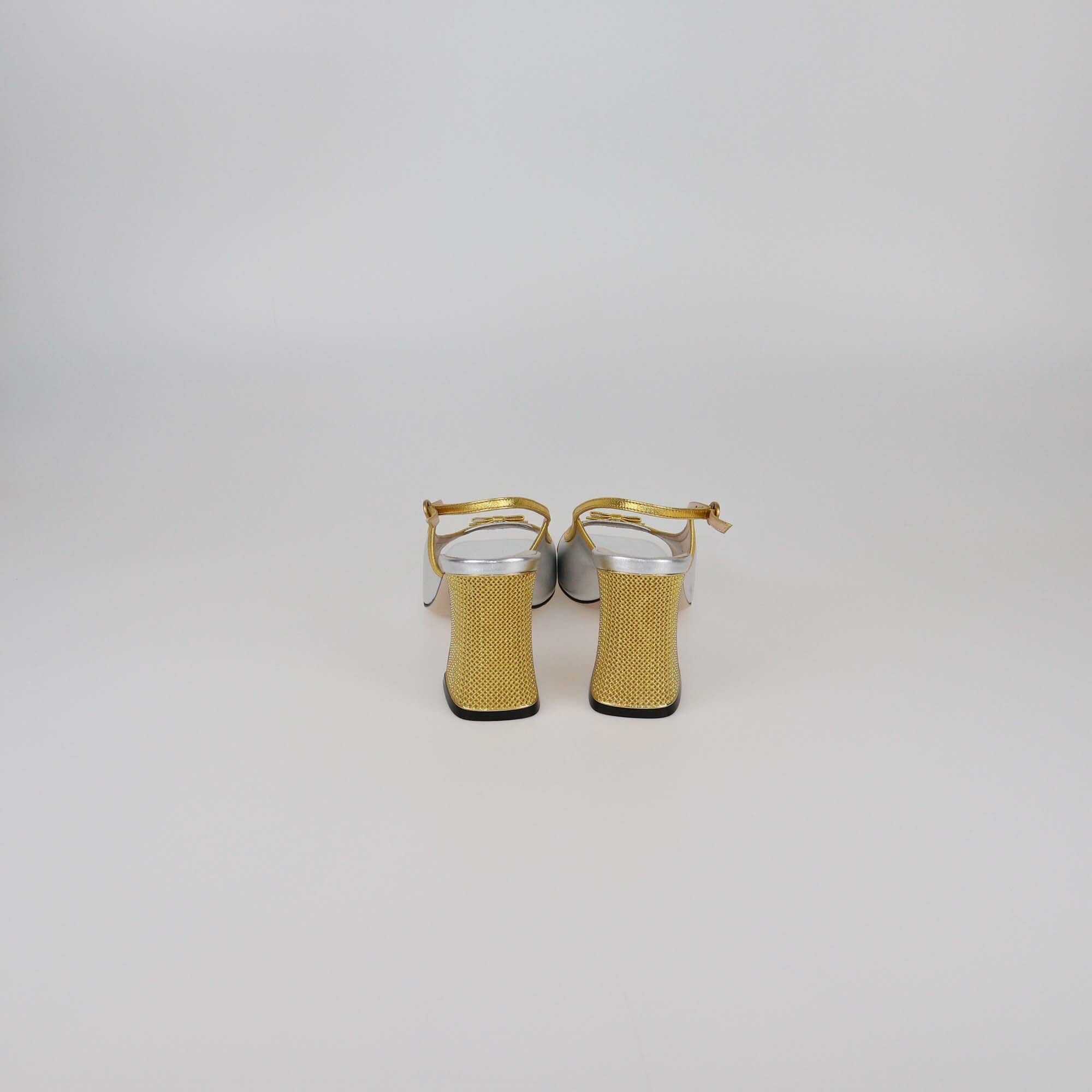 Gucci Silver/Gold Alison Bow Slingback Sandals Womens Gucci