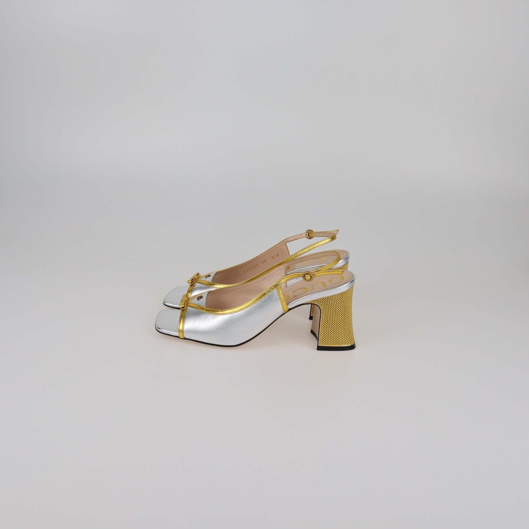 Gucci Silver/Gold Alison Bow Slingback Sandals Womens Gucci