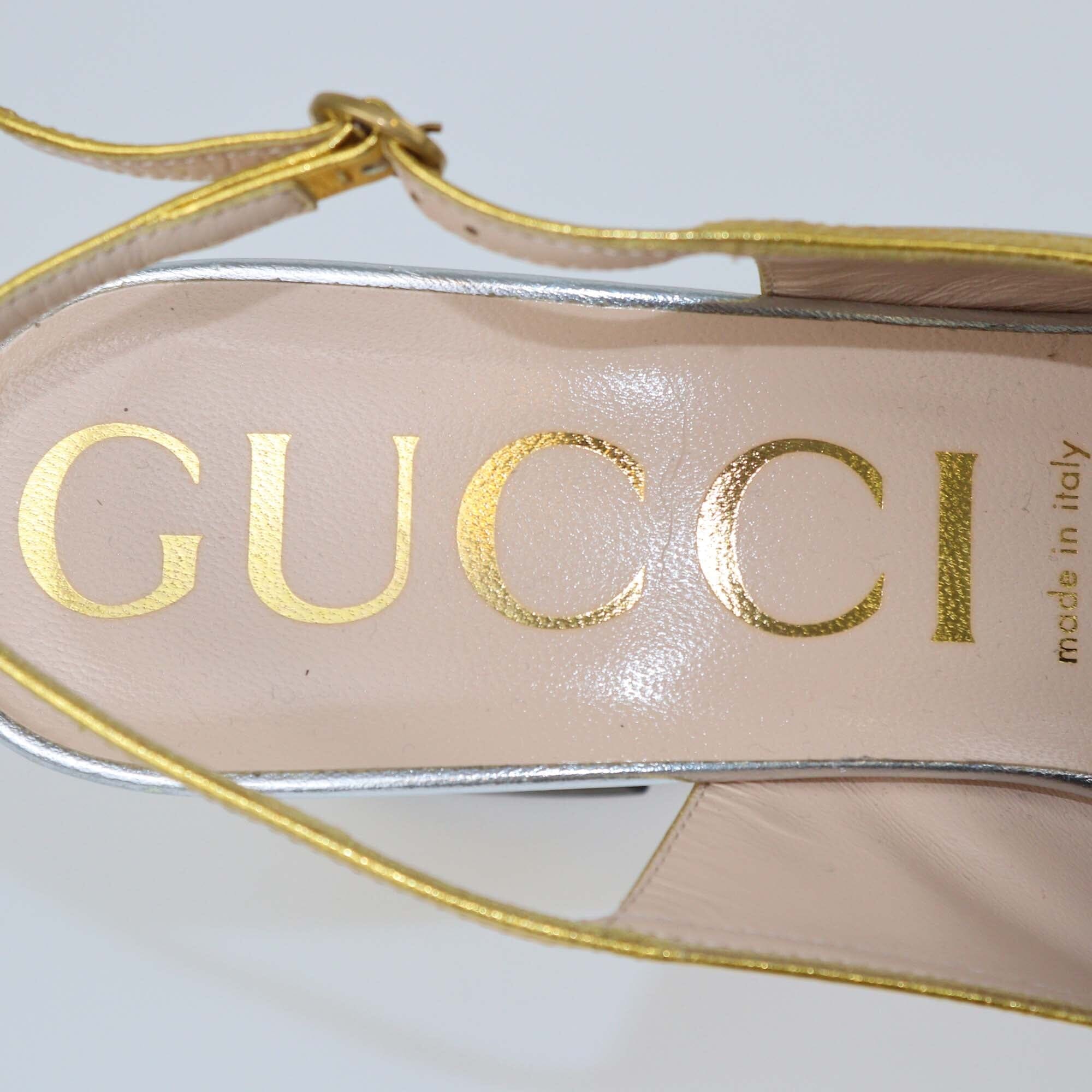 Gucci Silver/Gold Alison Bow Slingback Sandals Womens Gucci