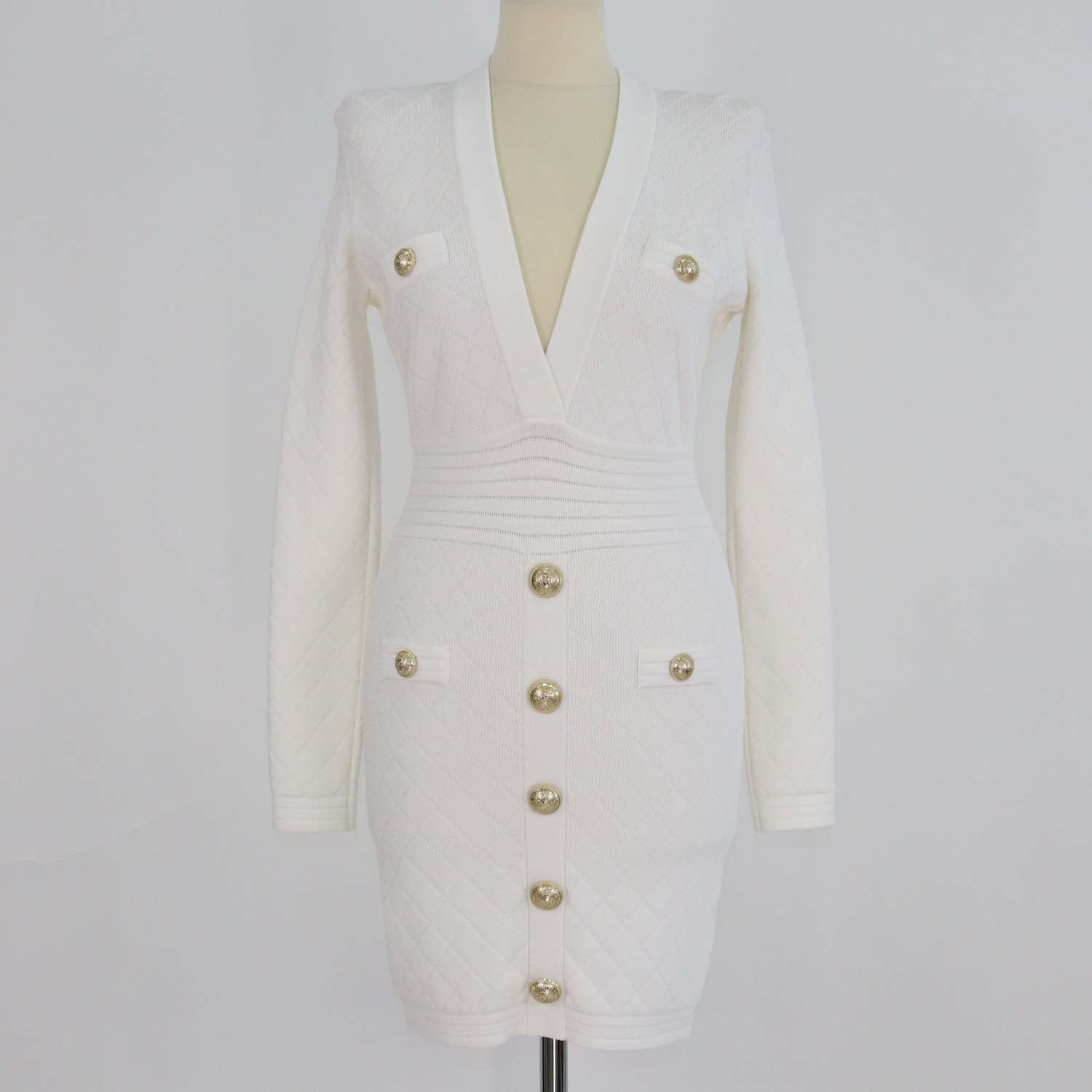 Balmain White Jacquard Knit Button Detail Mini Dress